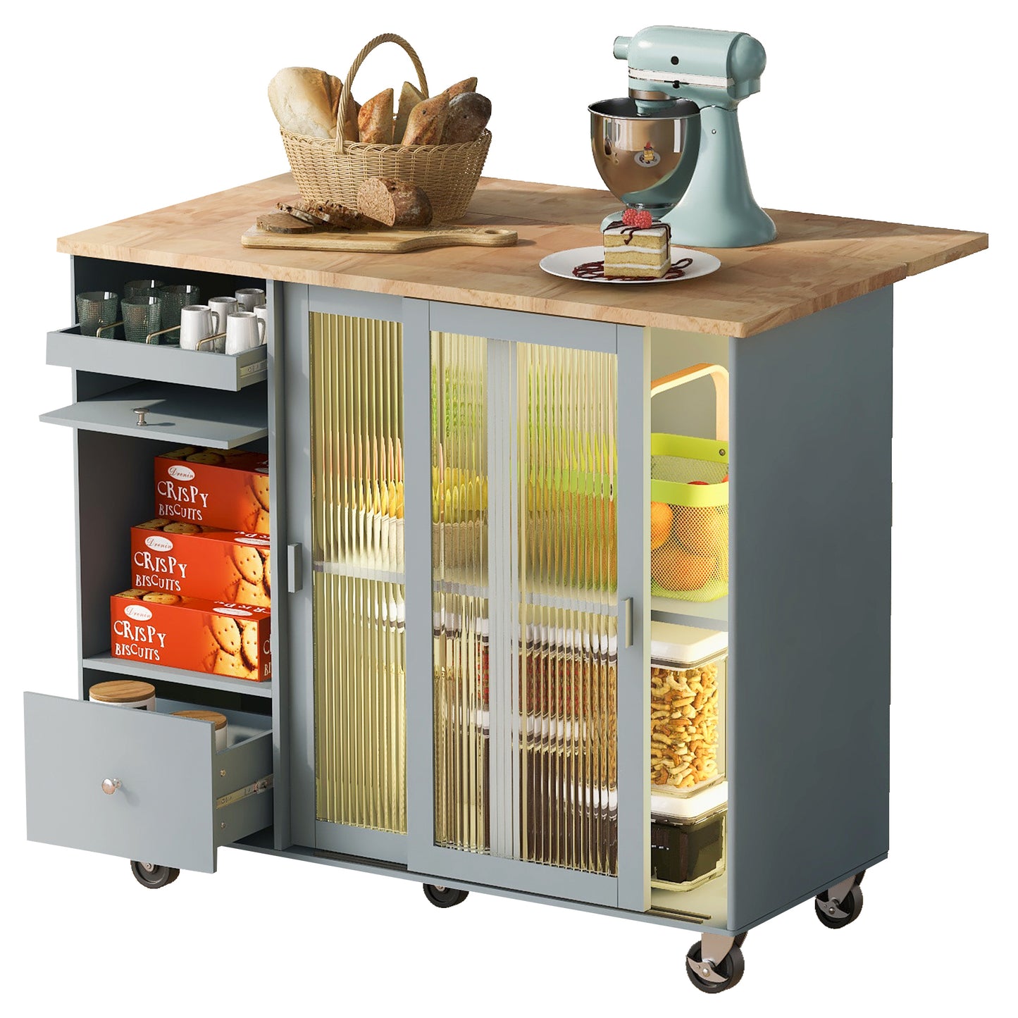 Kitchen Island with Drop Leaf, LED Light Kitchen Cart on Wheels with 2 Fluted Glass Doors and 1 Flip Cabinet Door, Large Kitchen Island Cart with an Adjustable Shelf and 2 Drawers (Grey Blue)