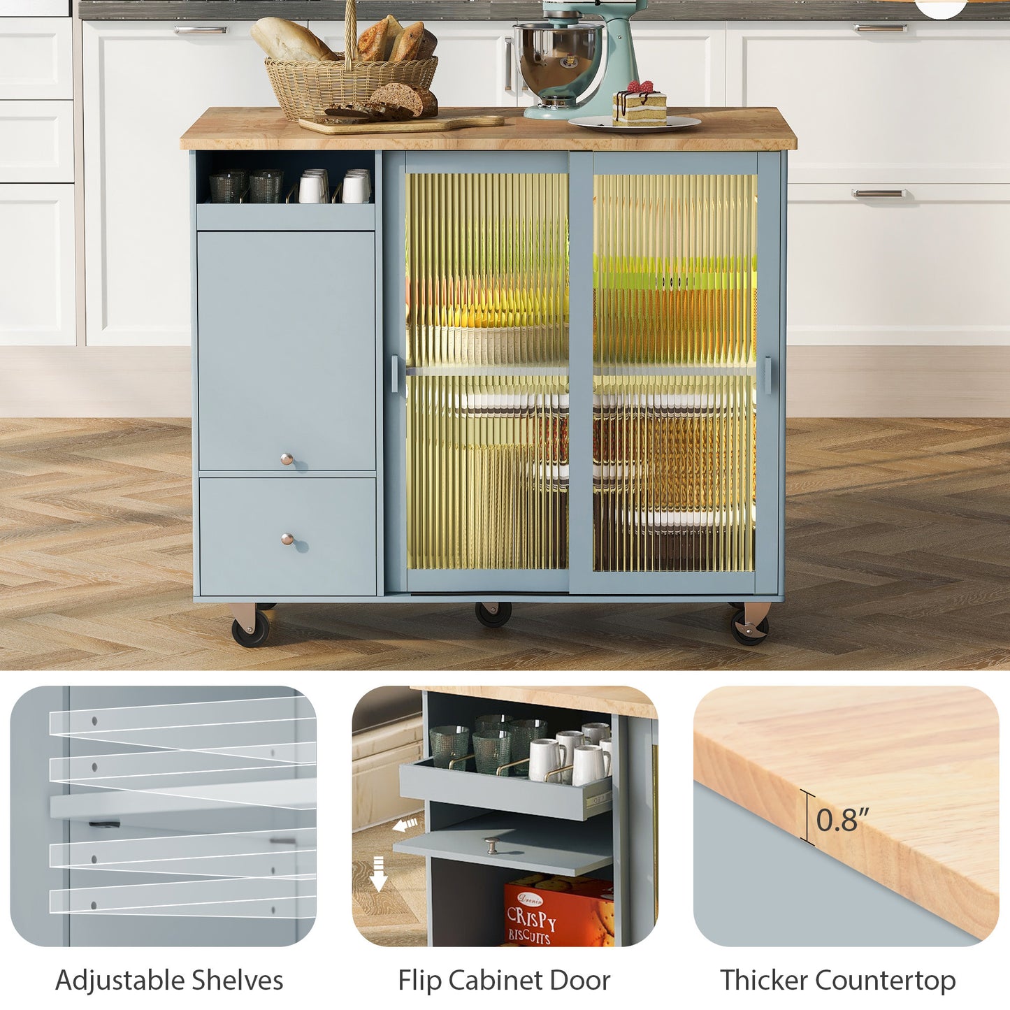 Kitchen Island with Drop Leaf, LED Light Kitchen Cart on Wheels with 2 Fluted Glass Doors and 1 Flip Cabinet Door, Large Kitchen Island Cart with an Adjustable Shelf and 2 Drawers (Grey Blue)