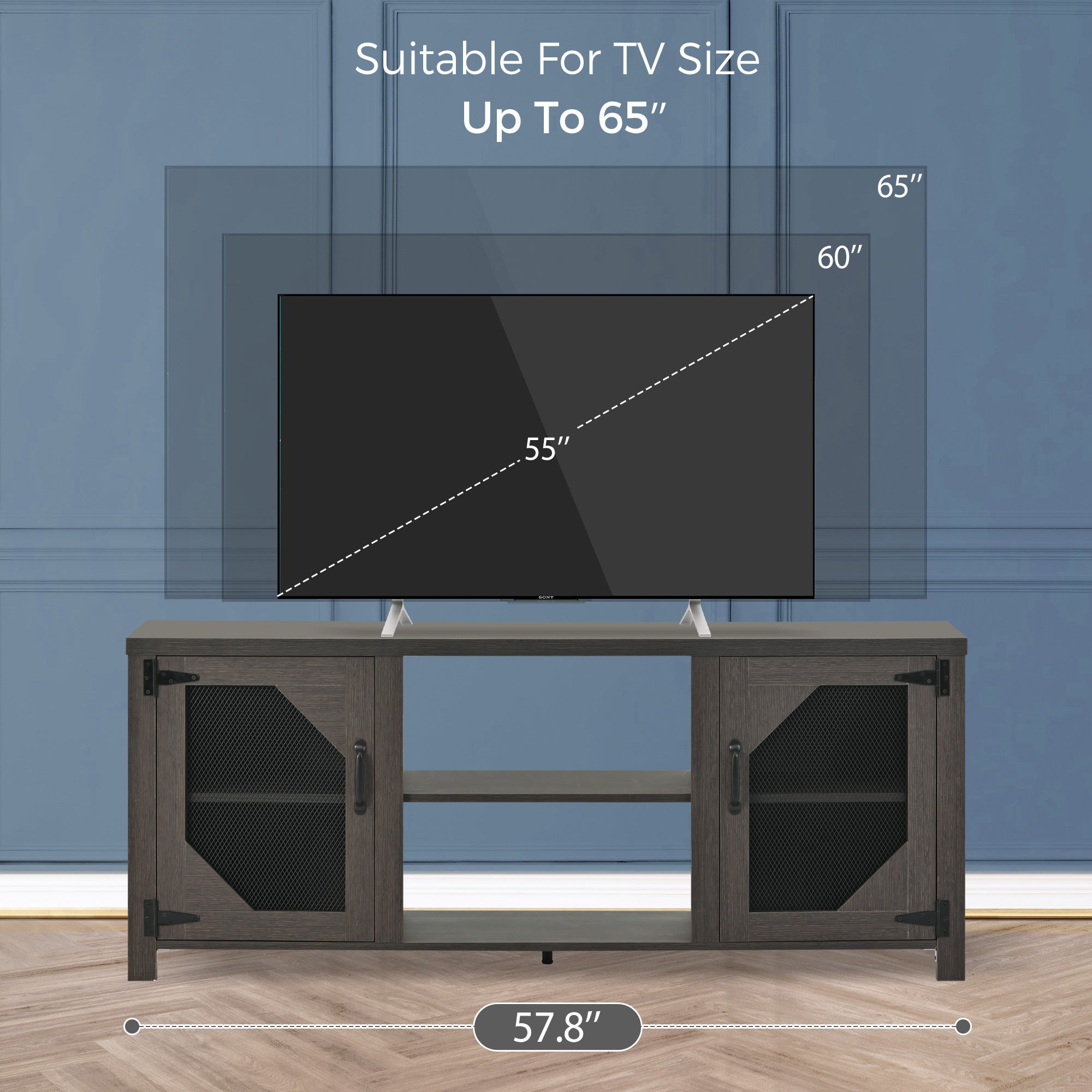 Modern TV Stand for 65'' TV with Large Storage Space, 3 Levels Adjustable shelves, Magnetic Cabinet Door, Entertainment Center for Living Room, Bedroom