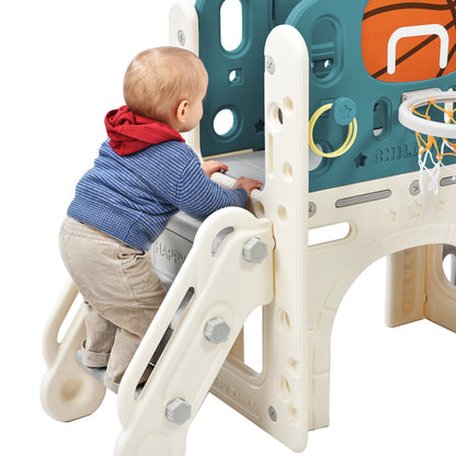 Kids Slide Playset Structure, Freestanding Castle Climbing Crawling Playhouse with Slide, Arch Tunnel, Ring Toss, and Basketball Hoop, Toy Storage Organizer for Toddlers, Kids Climbers Playground