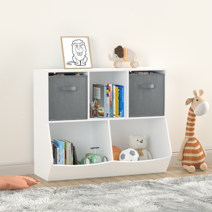 Kids Bookcase with Collapsible Fabric Drawers, Children's Toy Storage Cabinet for Playroom, Bedroom, Nursery, School, White/Gray