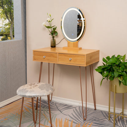 Dressing Table Vanity Set with 3-Color Dimmable Lighted Mirror Makeup Desk with 2 Drawers and Yellow Padded Stool On-Sit