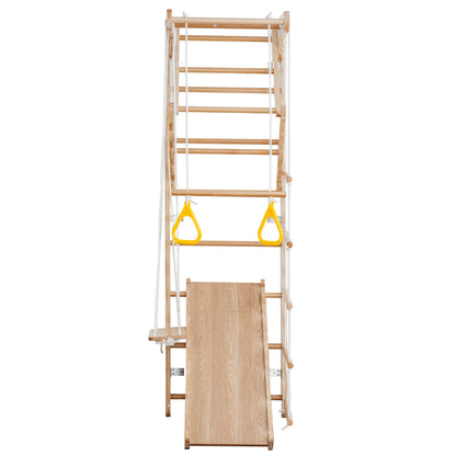 Wooden Climbing Toy Sets for Toddlers - Indoor Toy Gym Playset for Kids with Plate Swing Slide Rings, Wall Mounted Natural Wood Play Gym