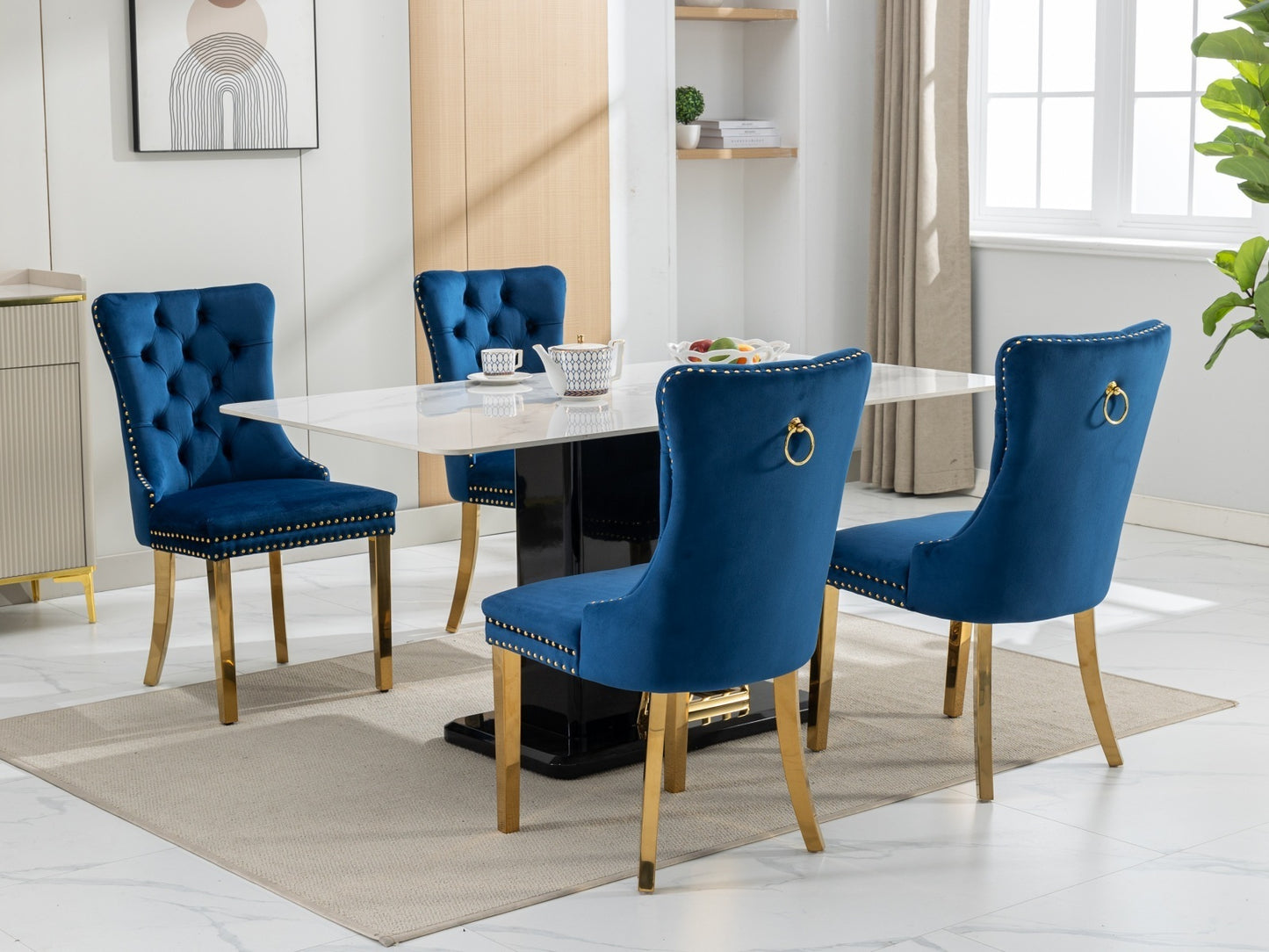 A&A Furniture,Nikki Collection Modern, High-end Tufted Solid Wood Contemporary Velvet Upholstered Dining Chair with Golden Stainless Steel Plating Legs,Nailhead Trim,Set of 2,Blue and Gold, SW1601BL