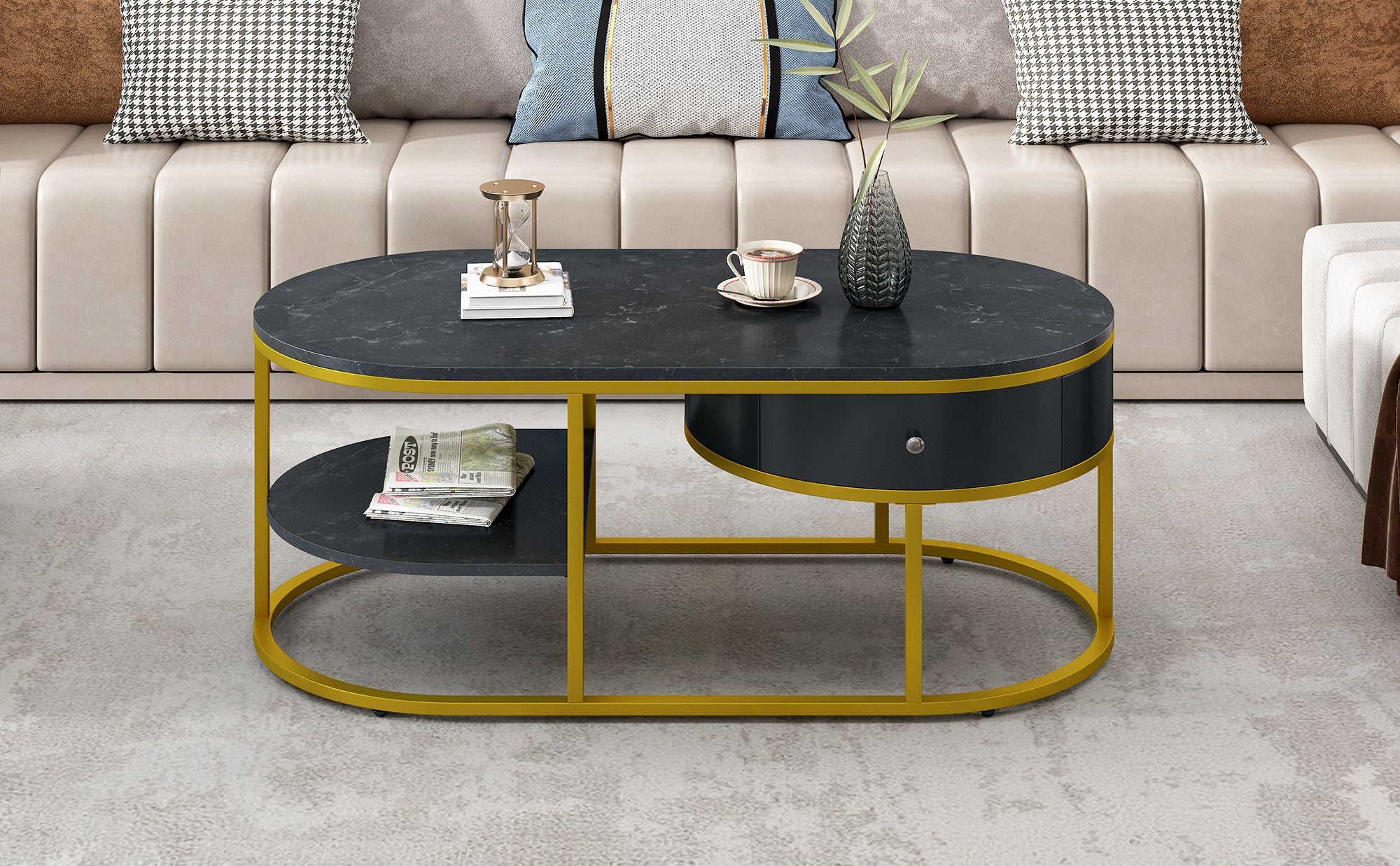 U-Can Modern Marble Golden Coffee Table, Metal Frame, with Drawers & Shelves Storage for Living Room