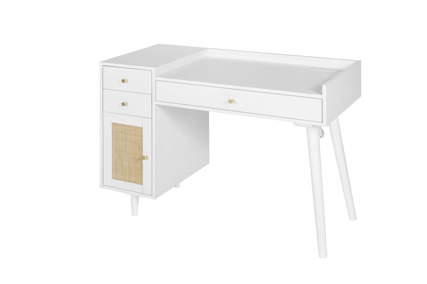 Makeup Vanity with Drawers, Mid-Century Dressing Table White Wood Desk with Rattan Door