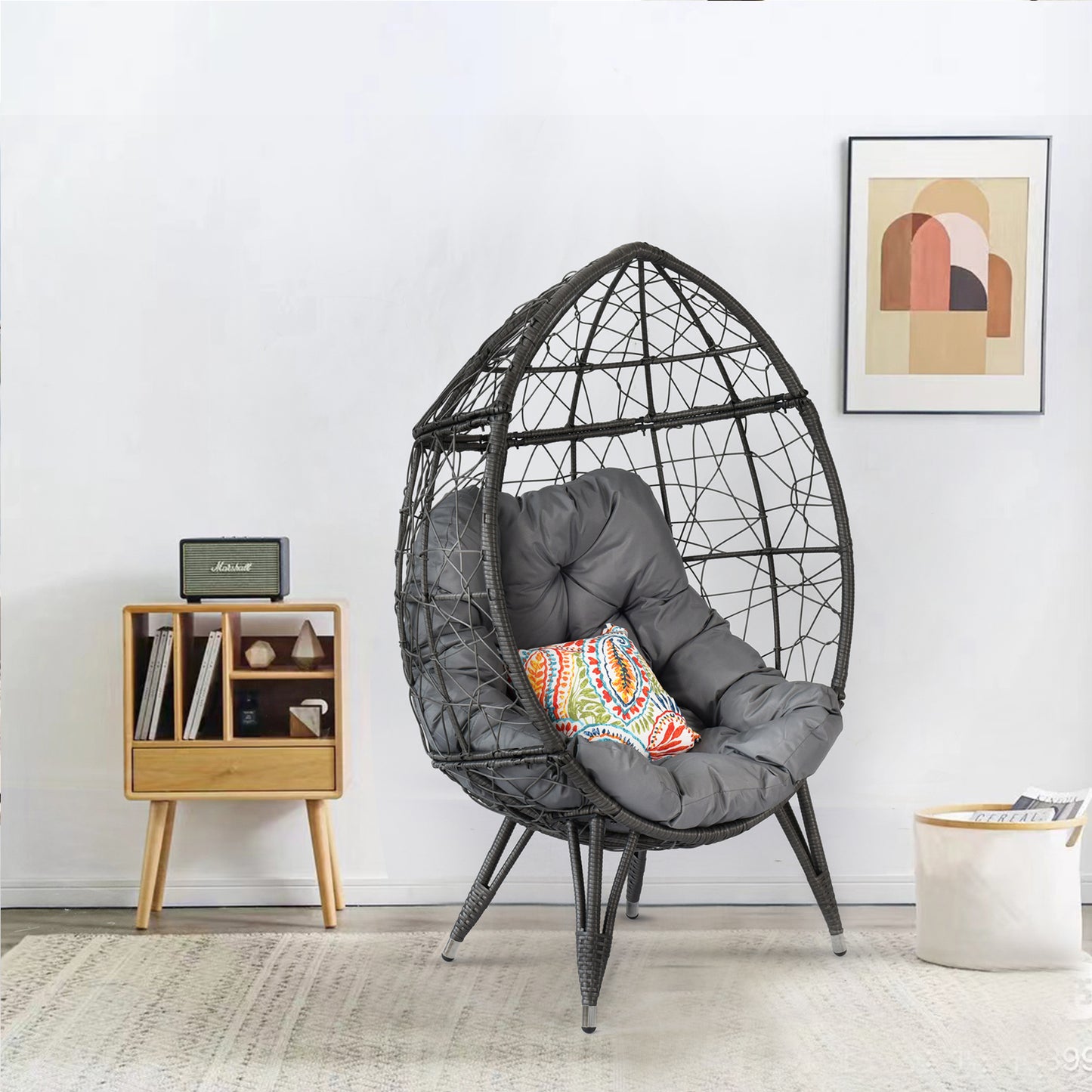 Outdoor Patio Wicker Egg Chair Indoor Basket Wicker Chair with Grey Cusion for Backyard Poolside