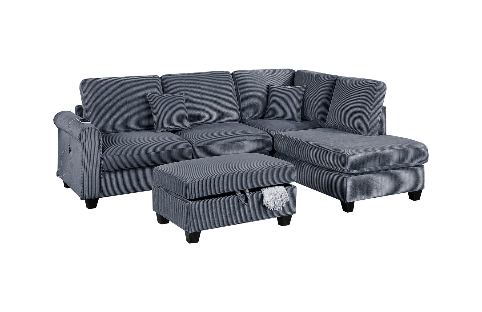 Contemporary Dark Gray 3pc Sectional Set Corduroy Upholstered LAF Sofa RAF Chaise Ottoman L-Sectional Living Room Furniture