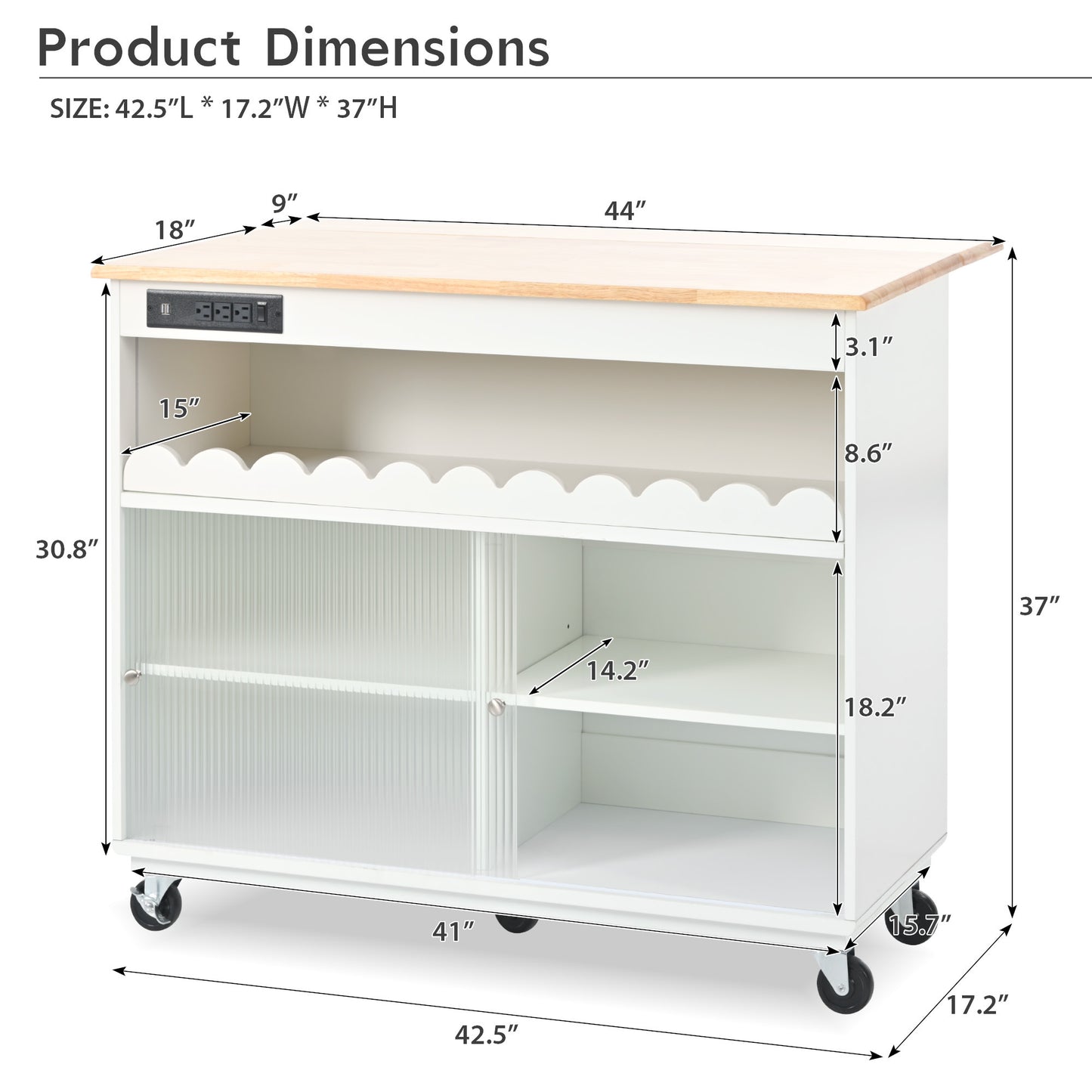 Kitchen Island with Drop Leaf, LED Light Kitchen Cart on Wheels with Power Outlets, 2 Sliding Fluted Glass Doors, Large Kitchen Island Cart with 2 Cabinet and 1 open Shelf (White)