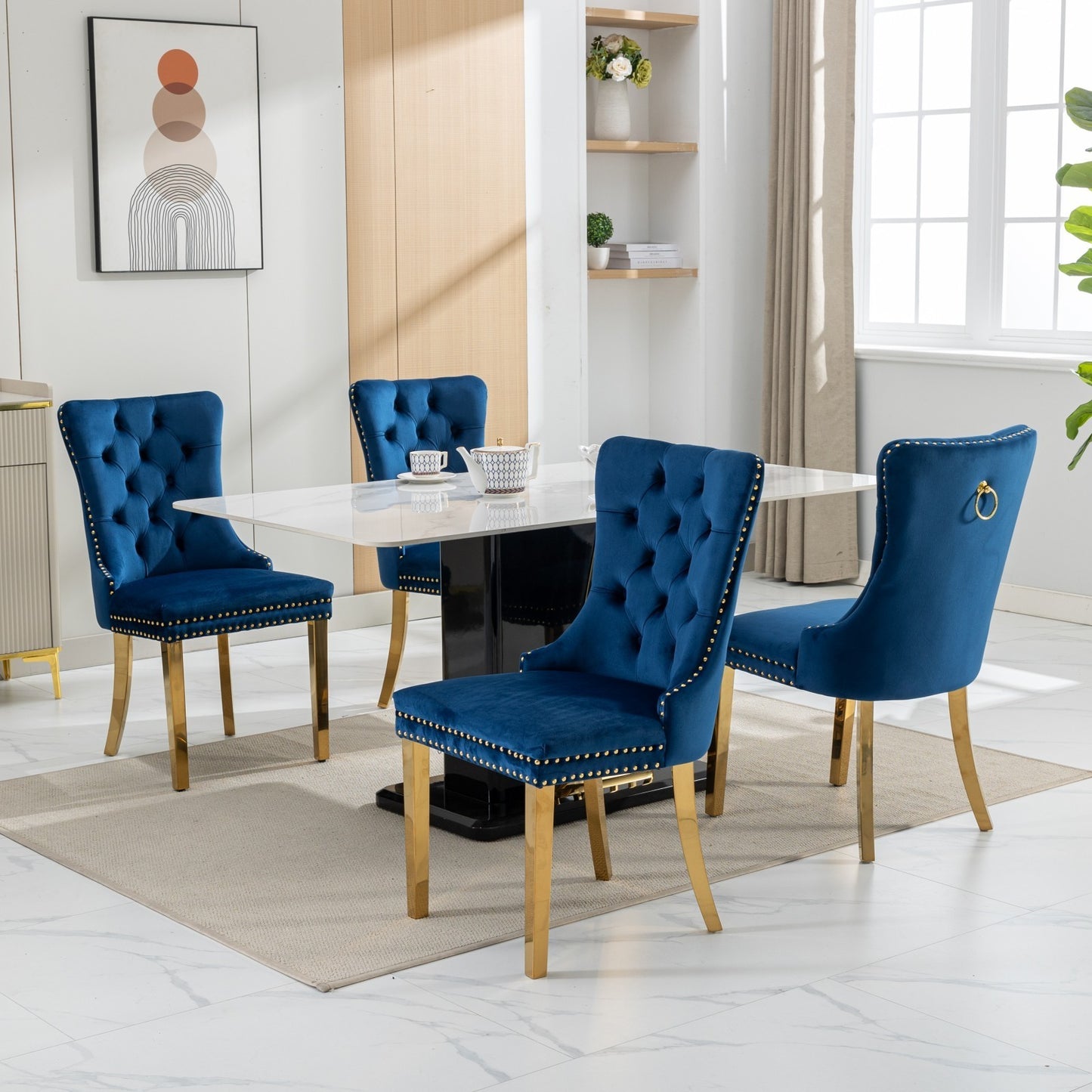 A&A Furniture,Nikki Collection Modern, High-end Tufted Solid Wood Contemporary Velvet Upholstered Dining Chair with Golden Stainless Steel Plating Legs,Nailhead Trim,Set of 2,Blue and Gold, SW1601BL