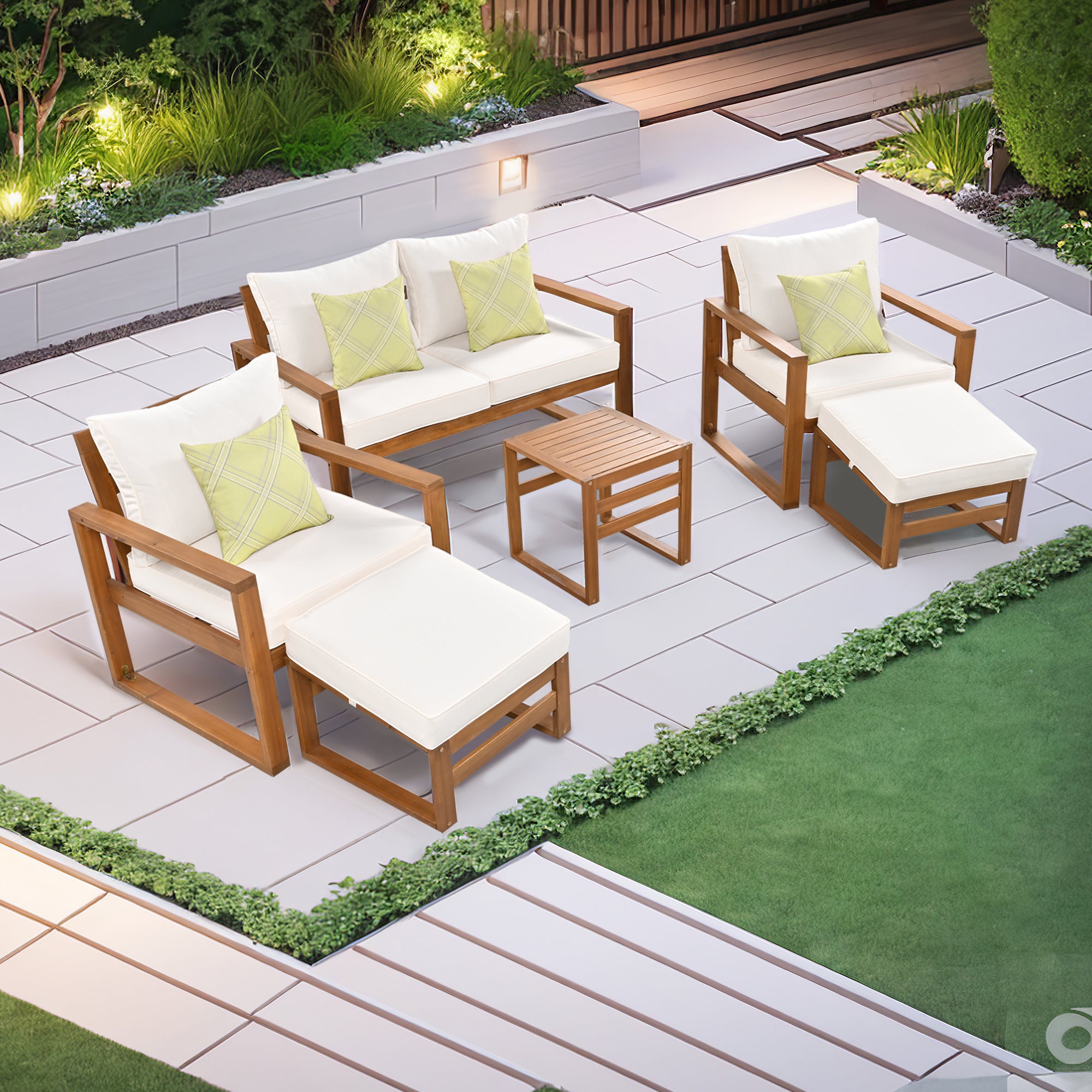 TOPMAX Outdoor Patio Wood 6-Piece Conversation Set, Sectional Garden Seating Groups Chat Set with Ottomans and Cushions for Backyard, Poolside, Balcony, Beige