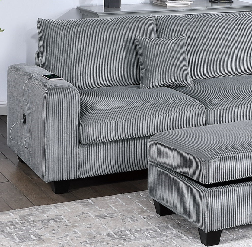 Contemporary 3pc Sectional Set Fog Color Corduroy Couch LAF Sofa RAF Chaise Ottoman L-Sectional Living Room