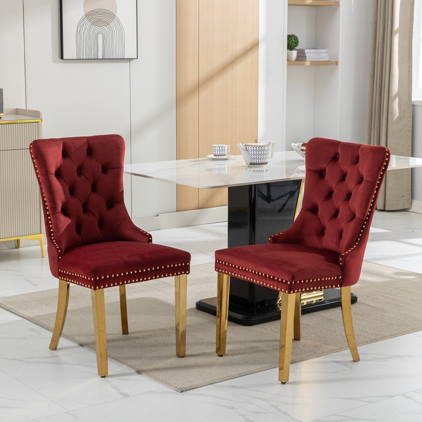 Nikki Collection Modern, High-end Tufted Solid Wood Contemporary Velvet Upholstered Dining Chair with Golden Stainless Steel Plating Legs,Nailhead Trim,Set of 2,Wine Red and Gold, SW1601WR,Burgundy