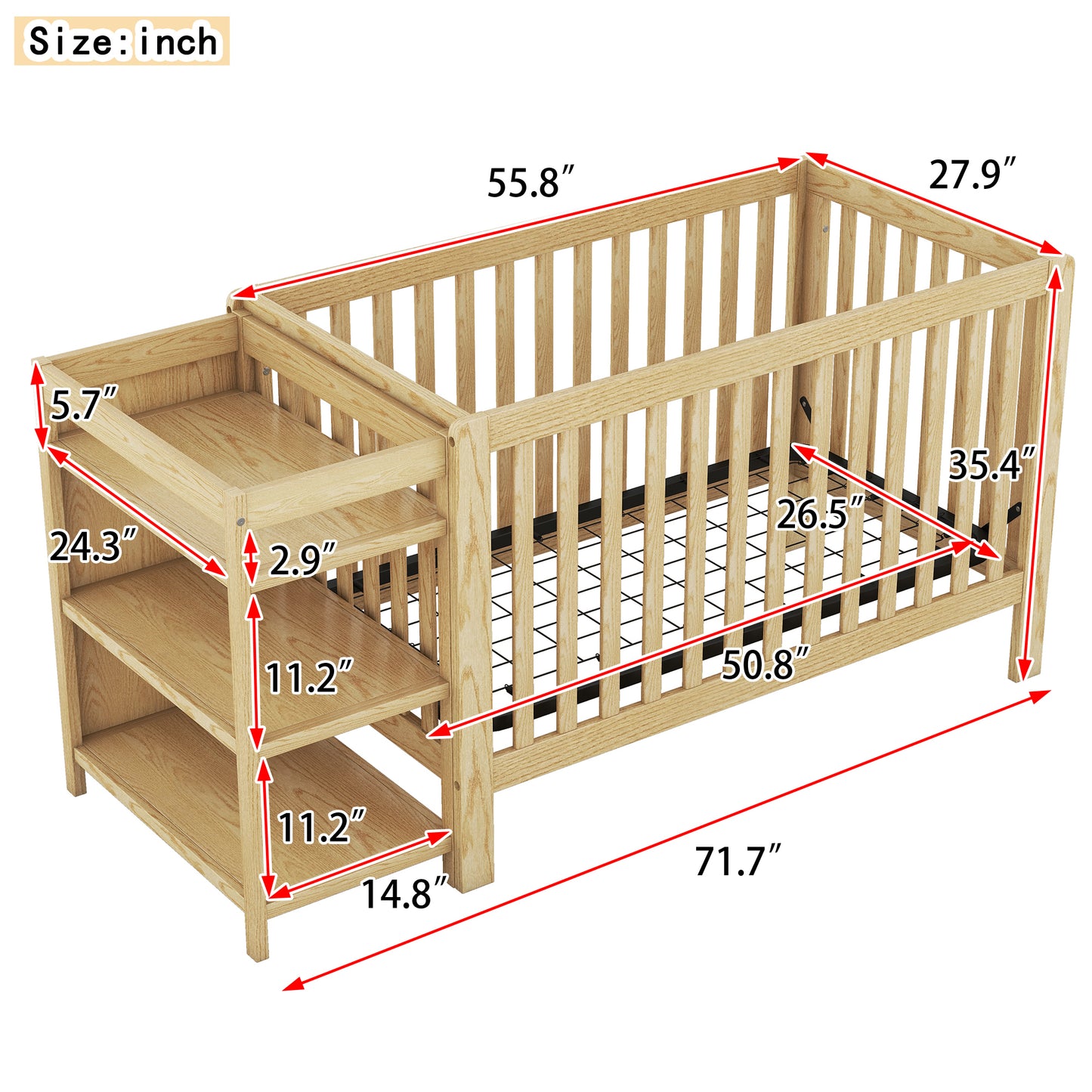 Convertible Crib with Changing Table, Natural