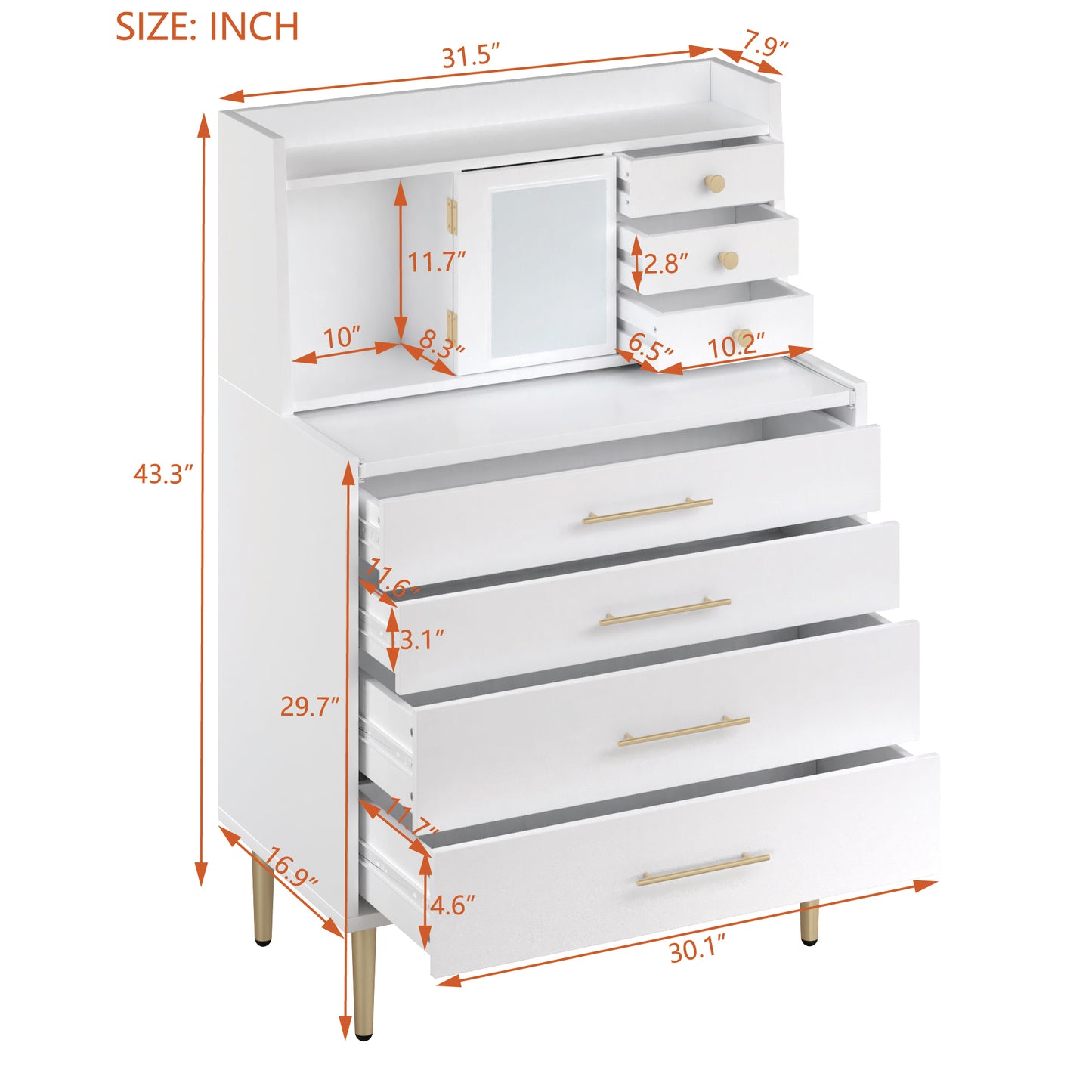 Vanity Makeup Table with Mirror and Retractable Table, Storage Dresser for Bedroom with 7 Drawers and Hidden Storage,White