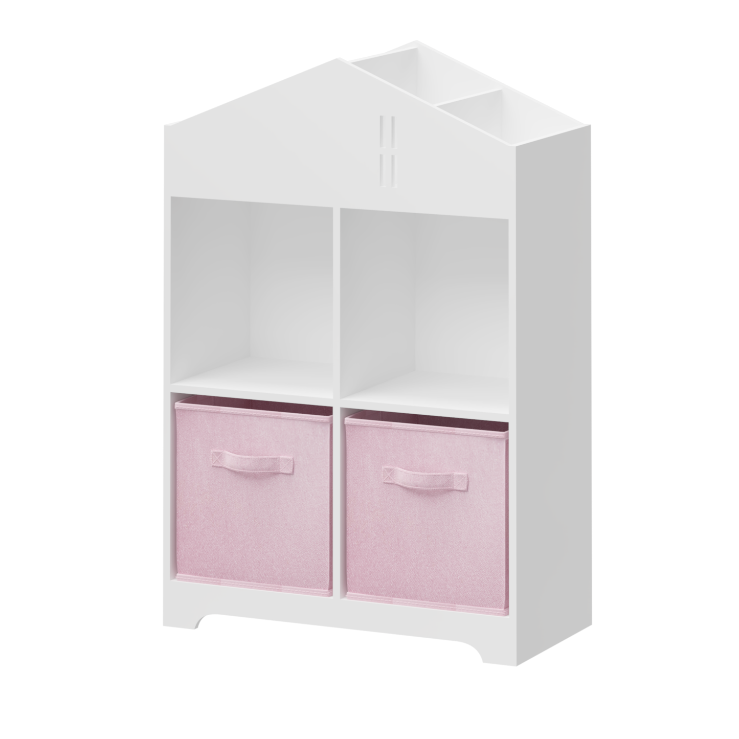 Kids Dollhouse Bookcase with Storage, 2-Tier Storage Display Organizer, Toddler Bookshelf with 2 Collapsible Fabric Drawers for Bedroom or Playroom (White/Pink)