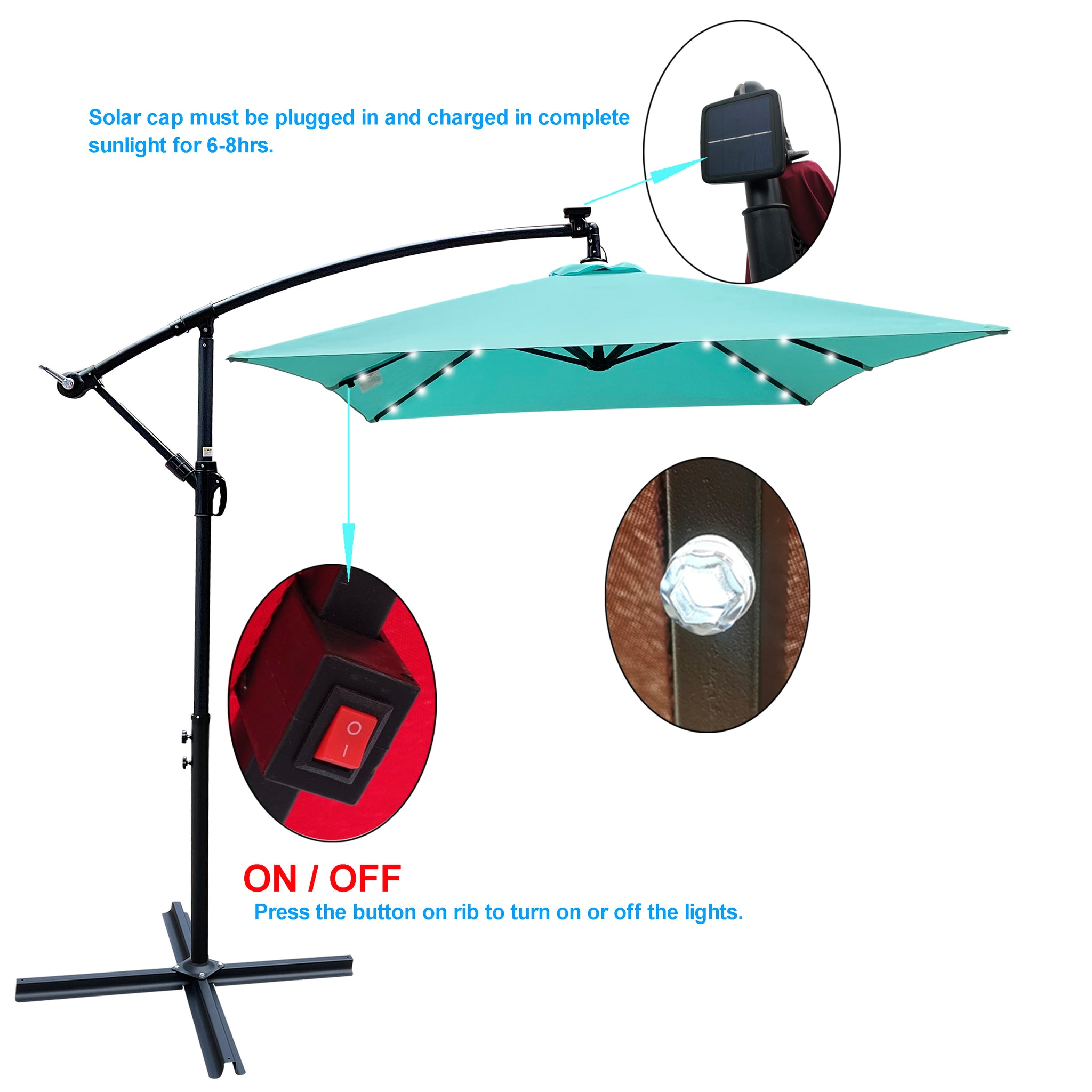 Rectangle 2x3M Outdoor Patio Umbrella Solar Powered LED Lighted Sun Shade Market Waterproof 6 Ribs Umbrella with Crank and Cross Base for Garden Deck Backyard Pool Shade Outside Deck Swimming Pool