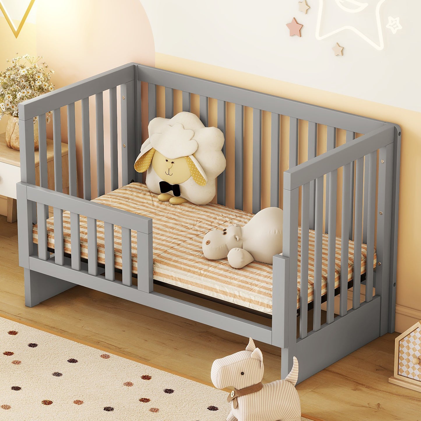 Convertible Crib with Changing Table, Gray