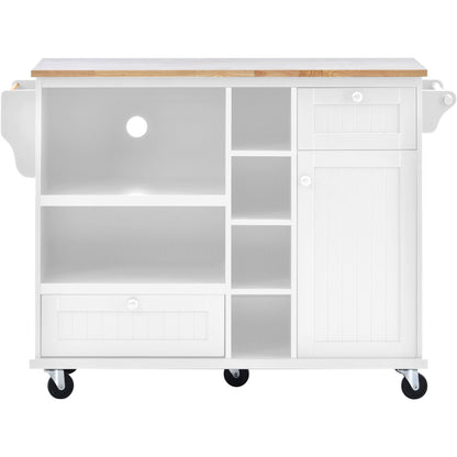 Kitchen Island Cart with Storage Cabinet and Two Locking Wheels,Solid wood desktop,Microwave cabinet,Floor Standing Buffet Server Sideboard for Kitchen Room,Dining Room,, Bathroom(White)