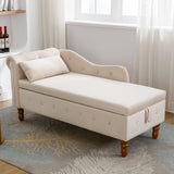 Beige Chaise Lounge Indoor,Velvet Lounge Chair for Bedroom with Storage & Pillow,Modern Upholstered Rolled Arm Chase Lounge for Sleeping with Nailhead Trim for Living Room Bedroom Office