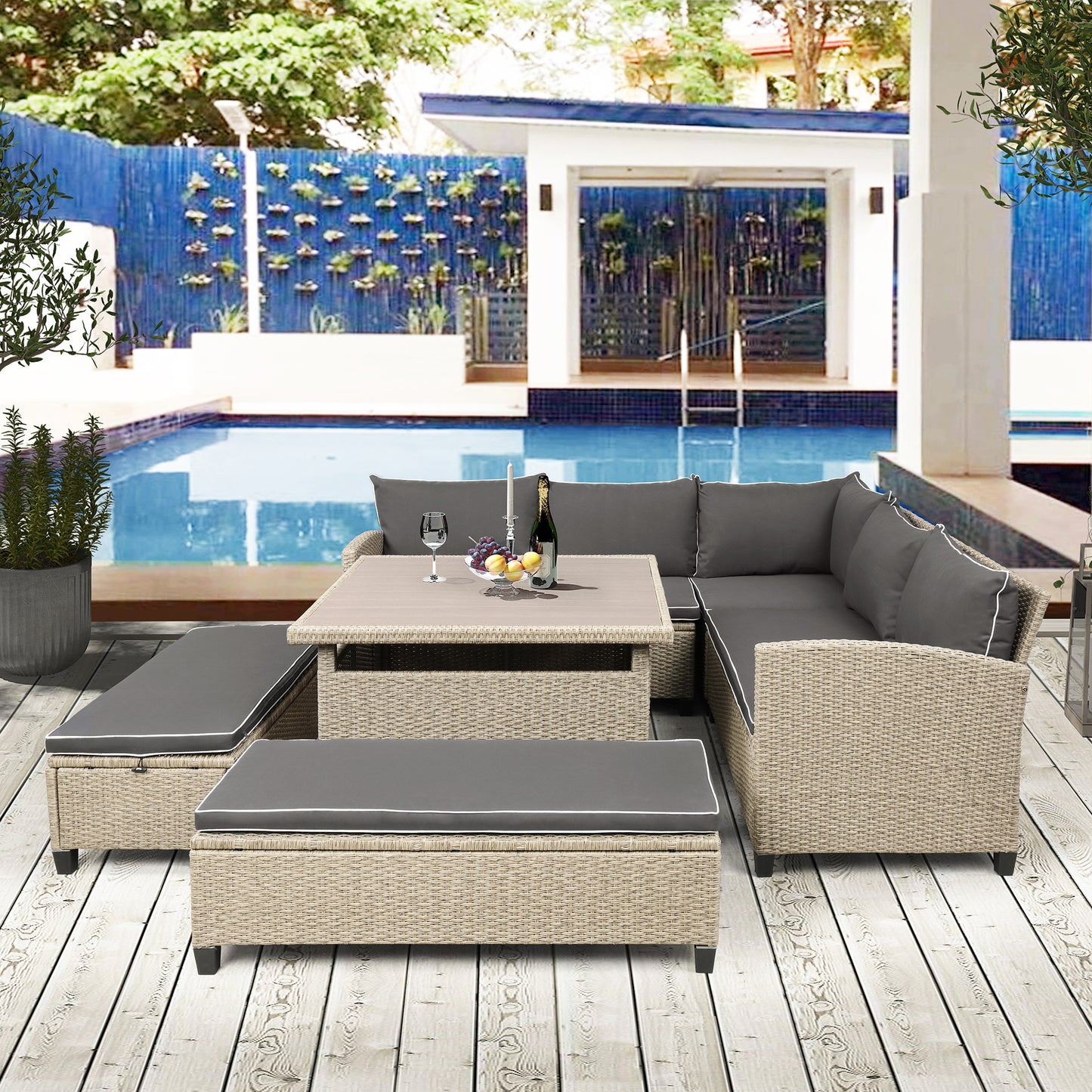 TOPMAX 6-Piece Patio Furniture Set Outdoor Wicker Rattan Sectional Sofa with Table and Benches for Backyard, Garden, Poolside