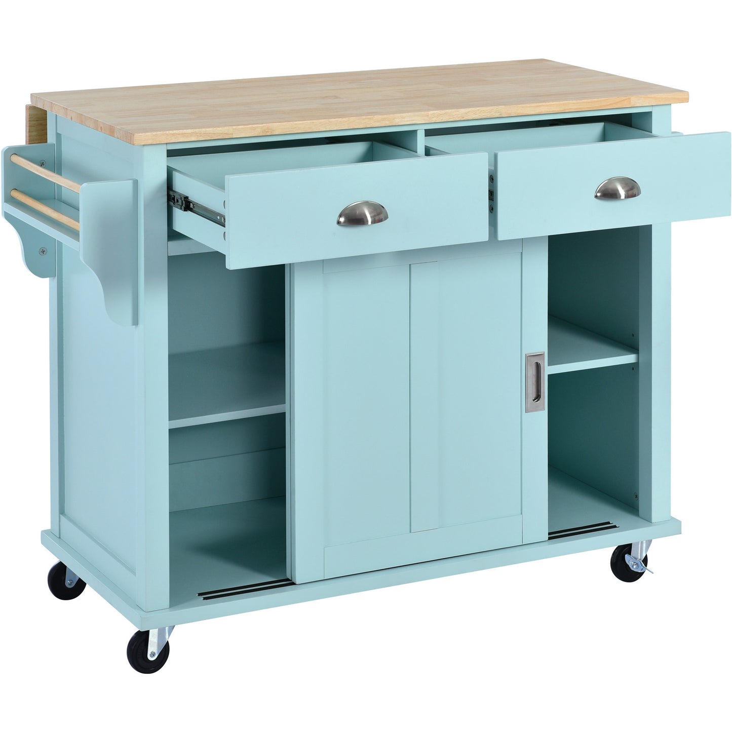 Kitchen Cart with Rubber wood Drop-Leaf Countertop, Concealed sliding barn door adjustable height,Kitchen Island on 4 Wheels with Storage Cabinet and 2 Drawers,L52.2xW30.5xH36.6 inch, Mint Green