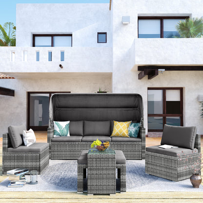 TOPMAX 5 Pieces Outdoor Sectional Patio Rattan Sofa Set Rattan Daybed , PE Wicker Conversation Furniture Set w/ Canopy and Tempered Glass Side Table, Gray