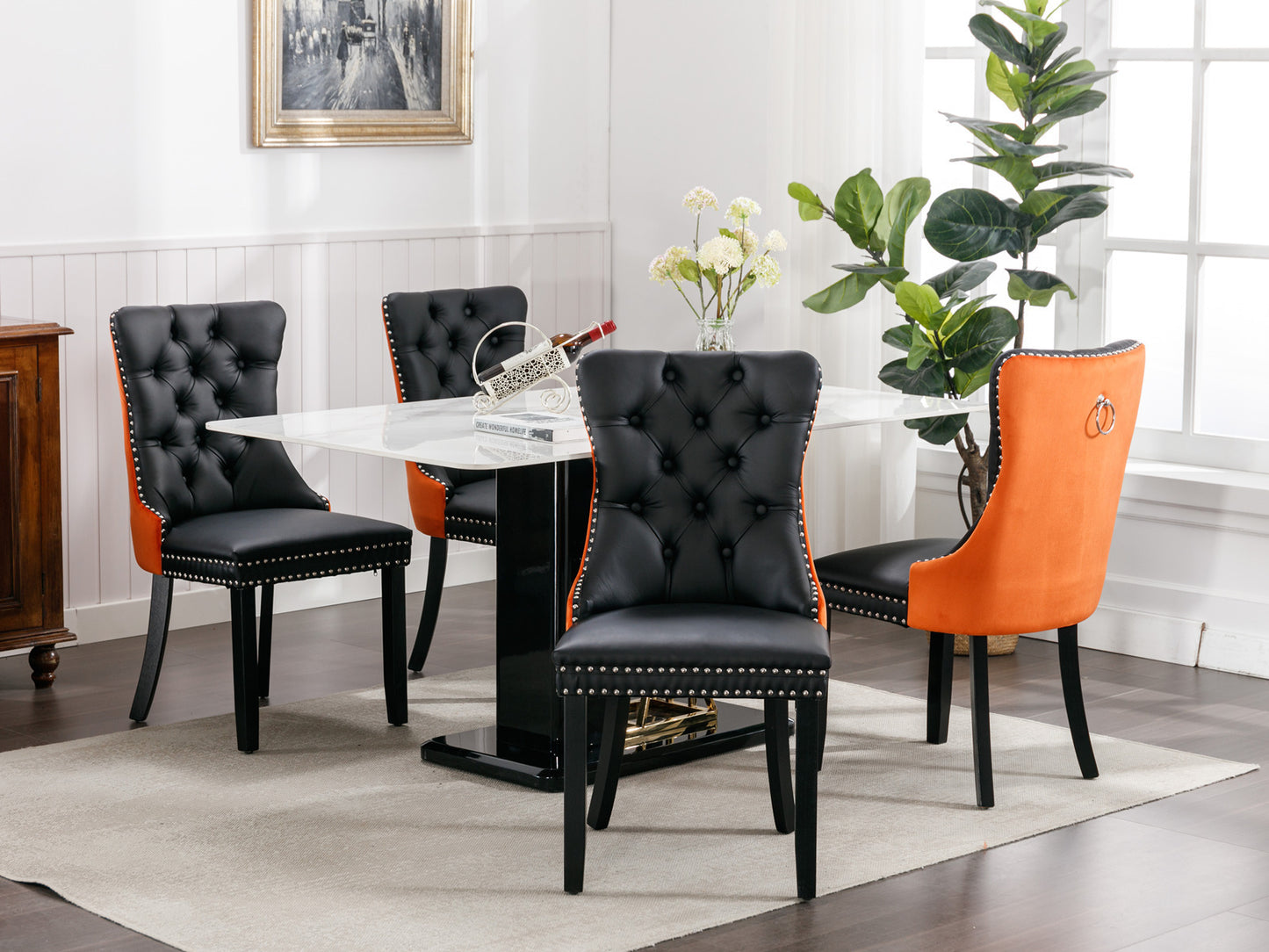 A&A Furniture,Nikki Collection Modern, High-end Tufted Solid Wood Contemporary PU and Velvet Upholstered Dining Chair with Wood Legs Nailhead Trim  2-Pcs Set，Black+Orange, SW2101BO