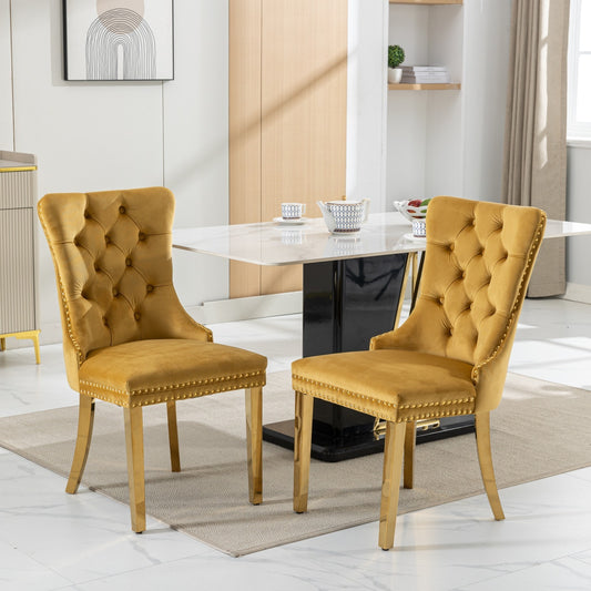 A&A Furniture,Nikki Collection Modern, High-end Tufted Solid Wood Contemporary Velvet Upholstered Dining Chair with Golden Stainless Steel Plating Legs,Nailhead Trim,Set of 2,Gold, SW1601GL