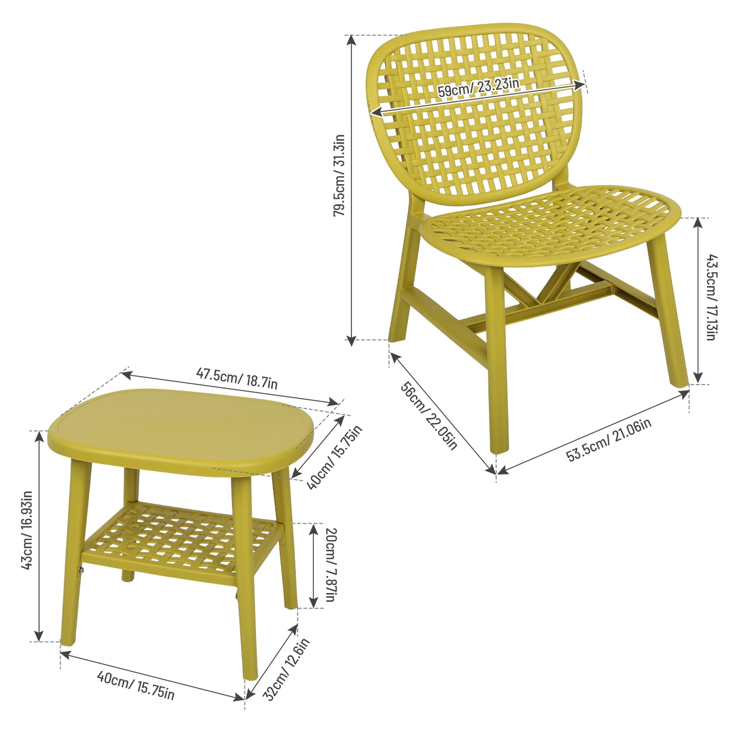 3 Pieces Hollow Design Patio Table Chair Set All Weather Conversation Bistro Set Outdoor Coffee Table with Open Shelf and Lounge Chairs with Widened Seat for Balcony Garden Yard Yellow