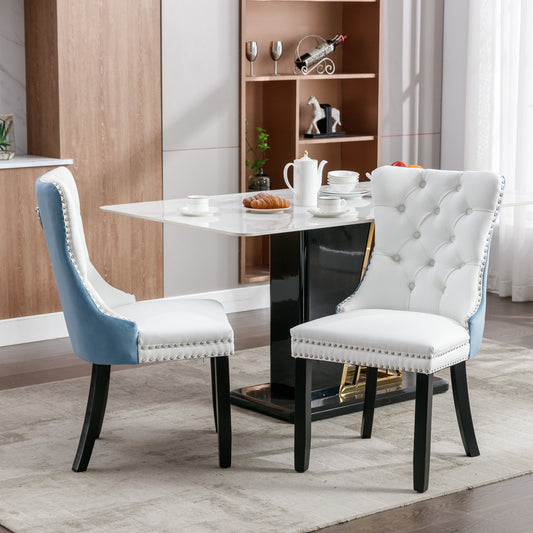 A&A Furniture,Nikki Collection Modern, High-end Tufted Solid Wood Contemporary PU and Velvet Upholstered Dining Chair with Wood Legs Nailhead Trim  2-Pcs Set, White+Light Blue, SW2101WL