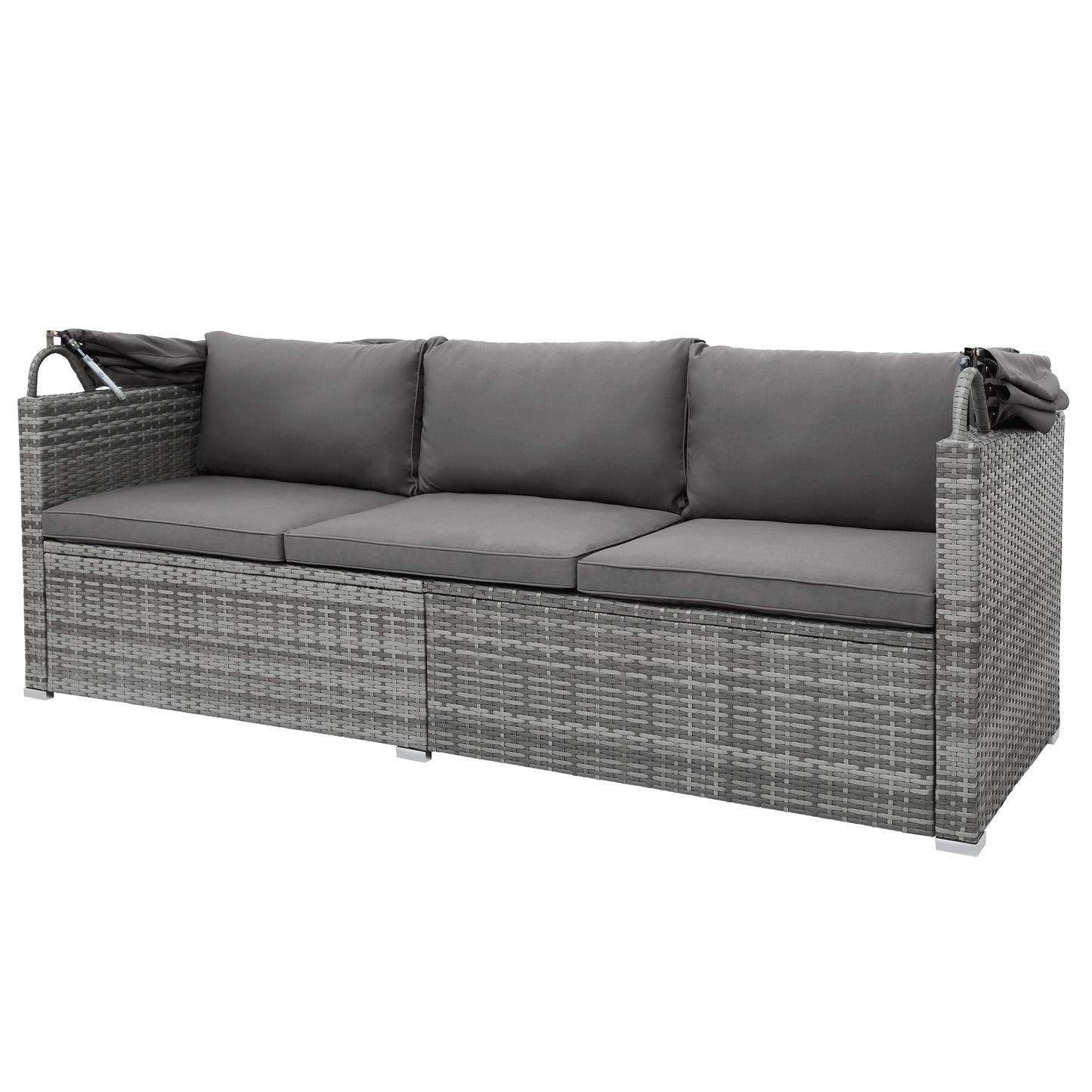 TOPMAX 5 Pieces Outdoor Sectional Patio Rattan Sofa Set Rattan Daybed , PE Wicker Conversation Furniture Set w/ Canopy and Tempered Glass Side Table, Gray