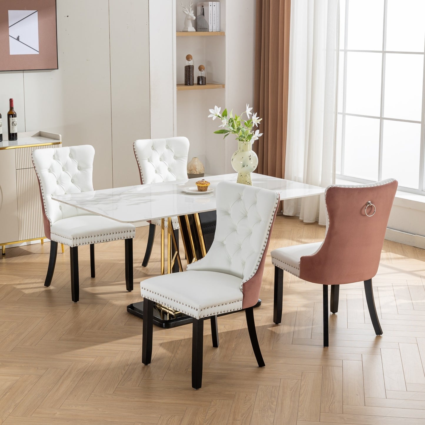 A&A Furniture, Nikki Collection Modern, High-end Tufted Solid Wood Contemporary PU and Velvet Upholstered Dining Chair with Wood Legs Nailhead Trim  2-Pcs Set, White+Pink, SW2101WP