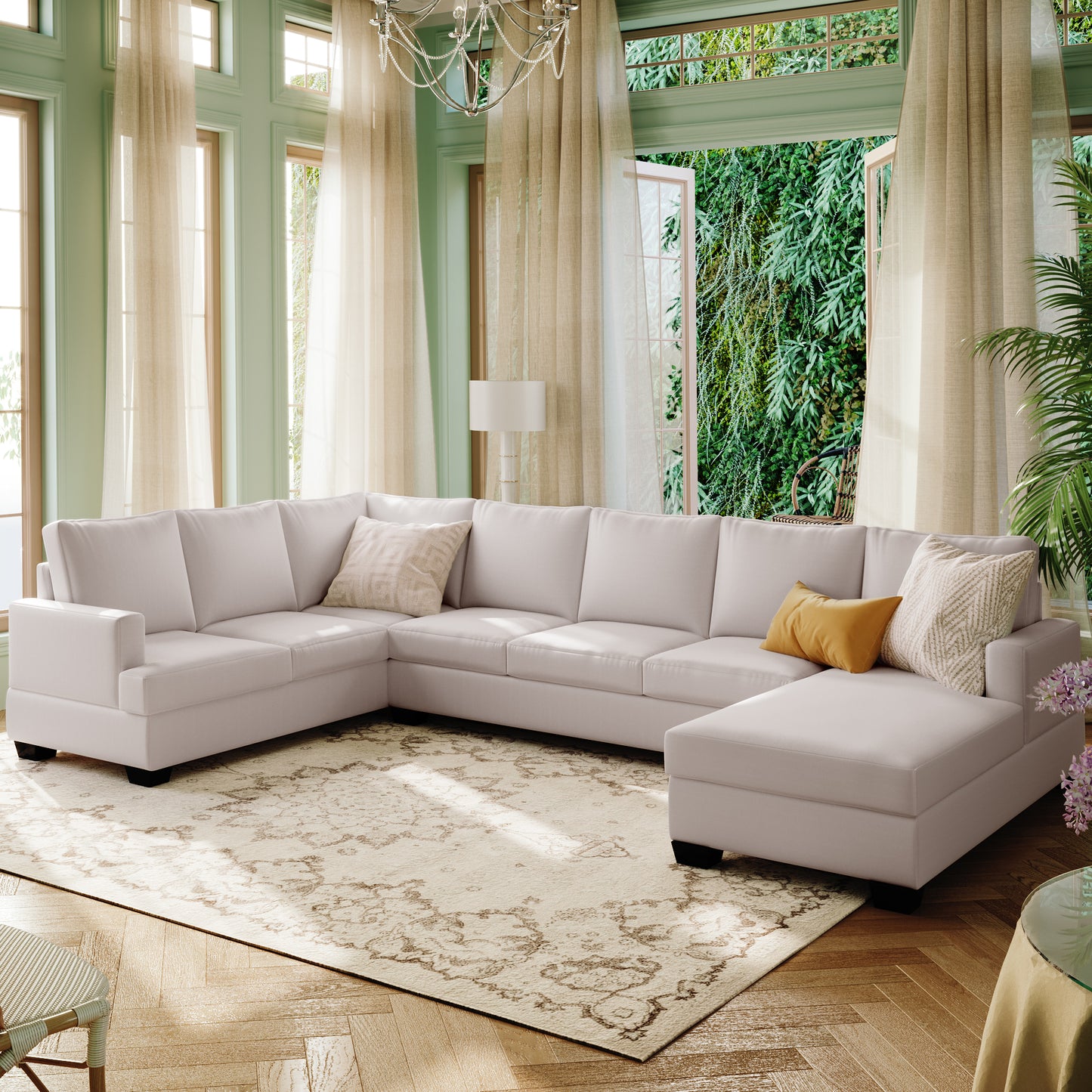 Ustyle Modern Large Upholstered  U-Shape Sectional Sofa, Extra Wide Chaise Lounge Couch,  Beige