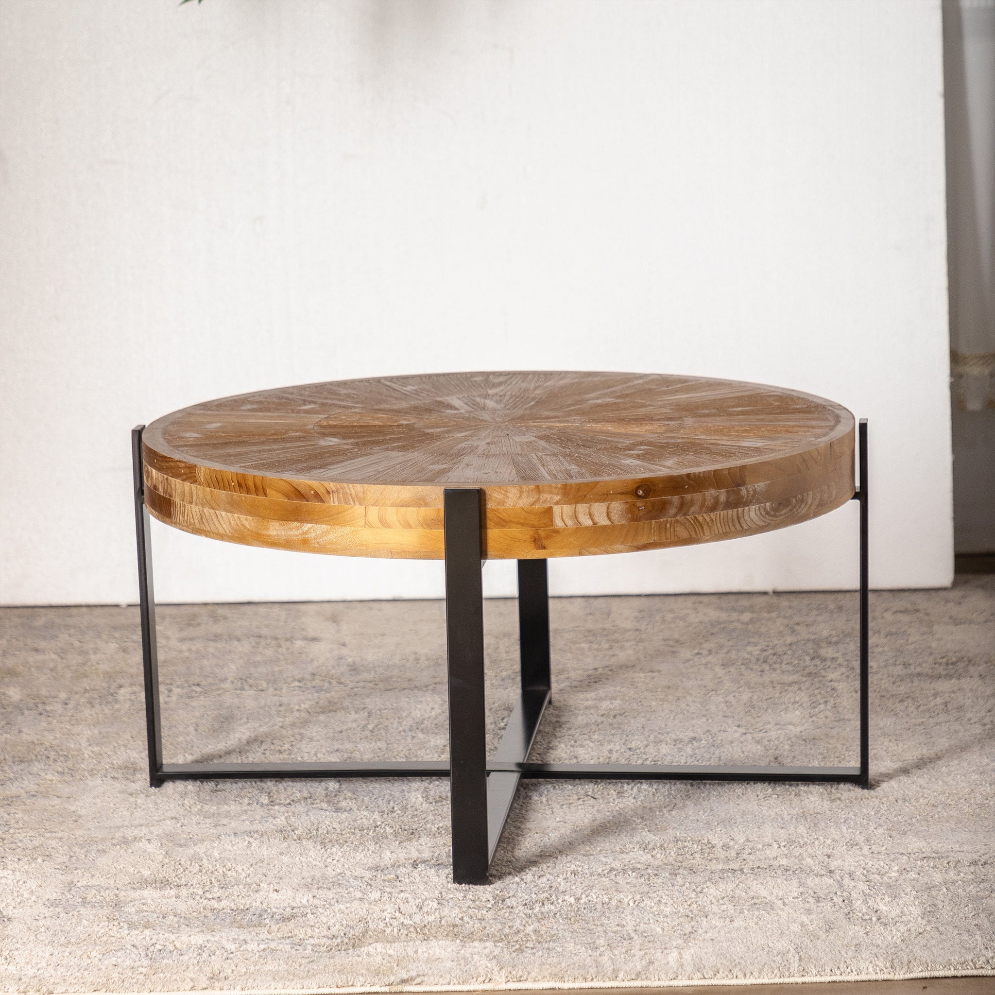 33.46"Retro drawing technology Splicing Round Coffee Table,Fir Wood Table Top with Black Cross Legs Base