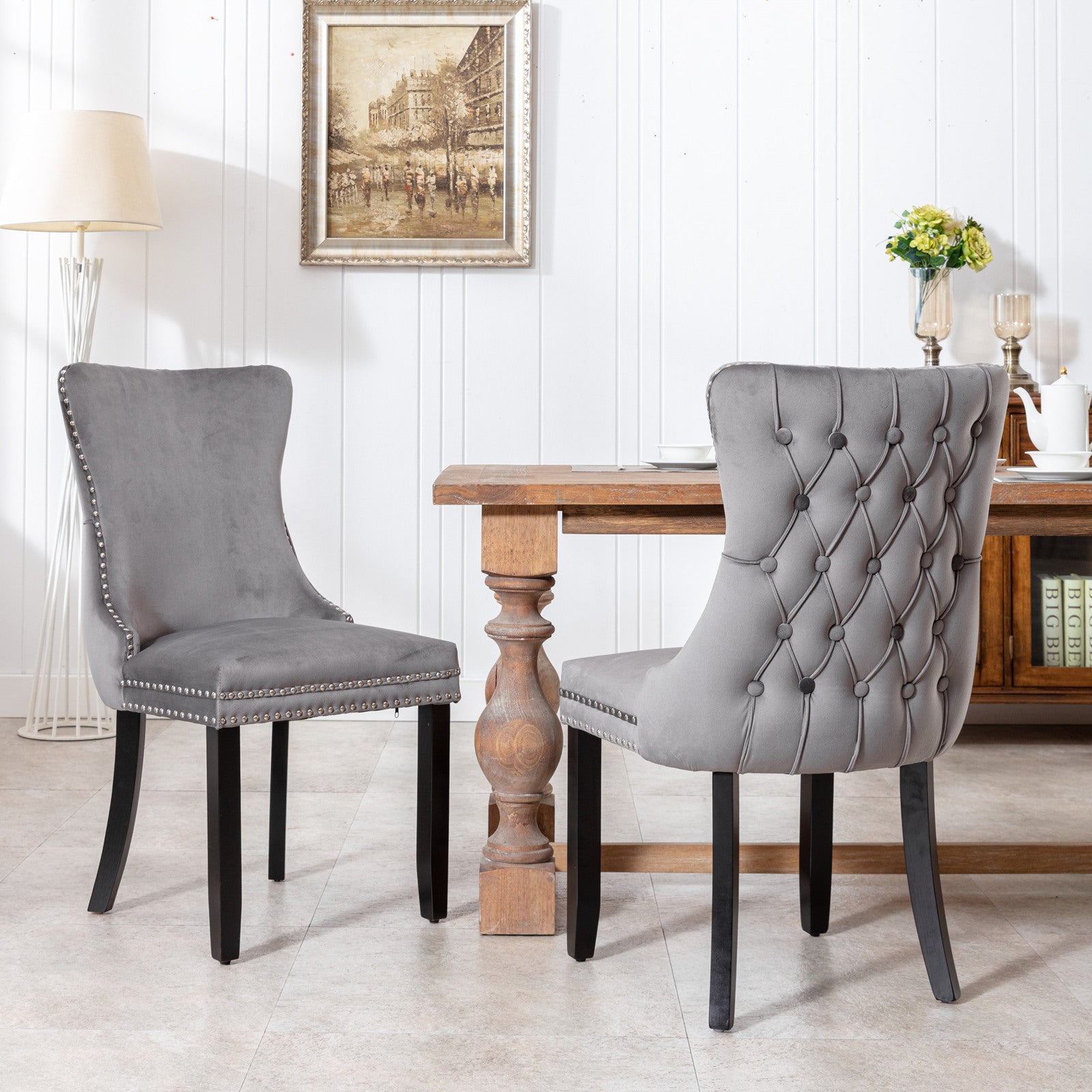 A&A Furniture,Upholstered Wing-Back Dining Chair with Backstitching Nailhead Trim and Solid Wood Legs,Set of 2, Gray,SW8809GY,  KD