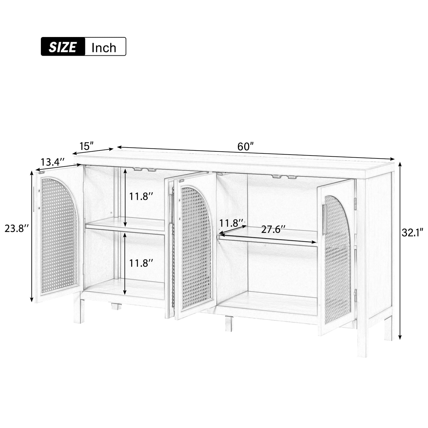 TREXM Large Storage Space Sideboard with Artificial Rattan Door and Metal Handles for Living Room and Entryway (White)