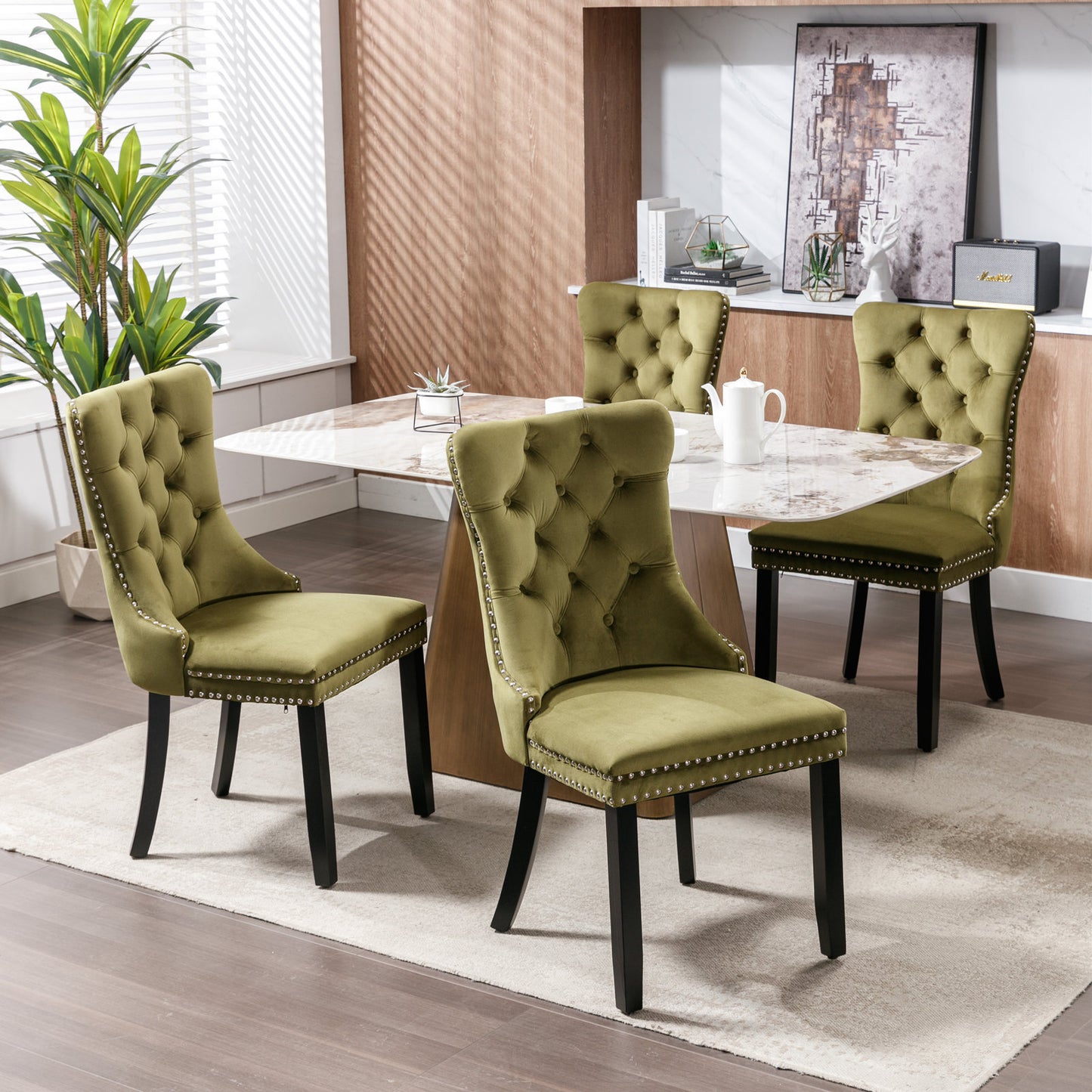 Nikki Collection Modern, High-end Tufted Solid Wood Contemporary Velvet Upholstered Dining Chair with Wood Legs Nailhead Trim 2-Pcs Set,Olive-Green,SW2001OL