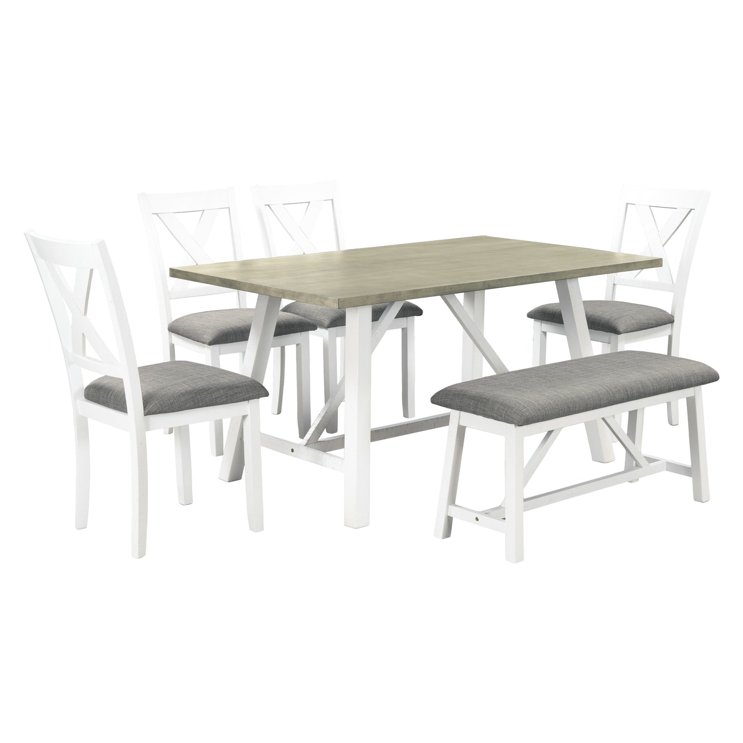 TOPMAX 6 Piece Dining Table Set Wood Dining Table and chair Kitchen Table Set with Table, Bench and 4 Chairs, Rustic Style,White+Gray