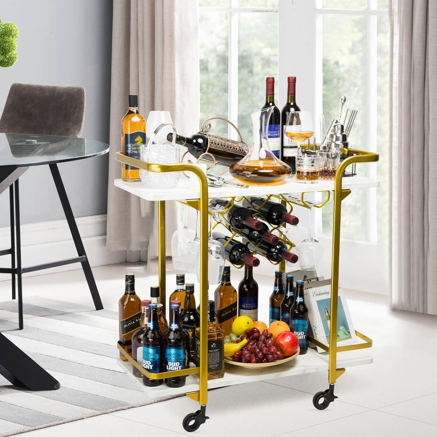 Deluxe Gold Bar Cart, with Glass Holders and Wine Racks, Modern Marbled Solid Wood Cart on Silent Wheels, 2-Tier Premium Texture Bar Cart for Kitchen and Dining Room Outdoor