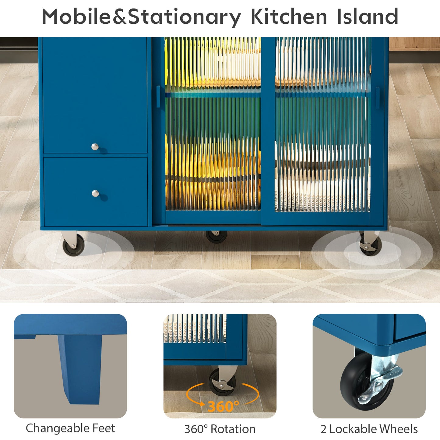 Kitchen Island with Drop Leaf, LED Light Kitchen Cart on Wheels with 2 Fluted Glass Doors and 1 Flip Cabinet Door, Large Kitchen Island Cart with an Adjustable Shelf and 2 Drawers (Navy Blue)