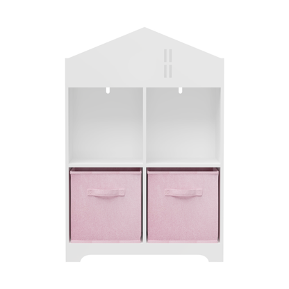 Kids Dollhouse Bookcase with Storage, 2-Tier Storage Display Organizer, Toddler Bookshelf with 2 Collapsible Fabric Drawers for Bedroom or Playroom (White/Pink)