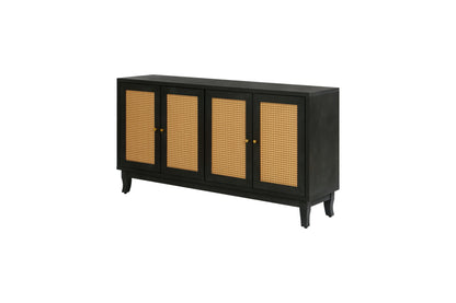 Handcrafted Premium Grain Panels,Rattan Sideboard Buffer Cabinet,Accent Storage Cabinet With 4 Rattan Doors, Modern Storage Cupboard Console Table with Adjustable Shelves for Living Room ,BLACK