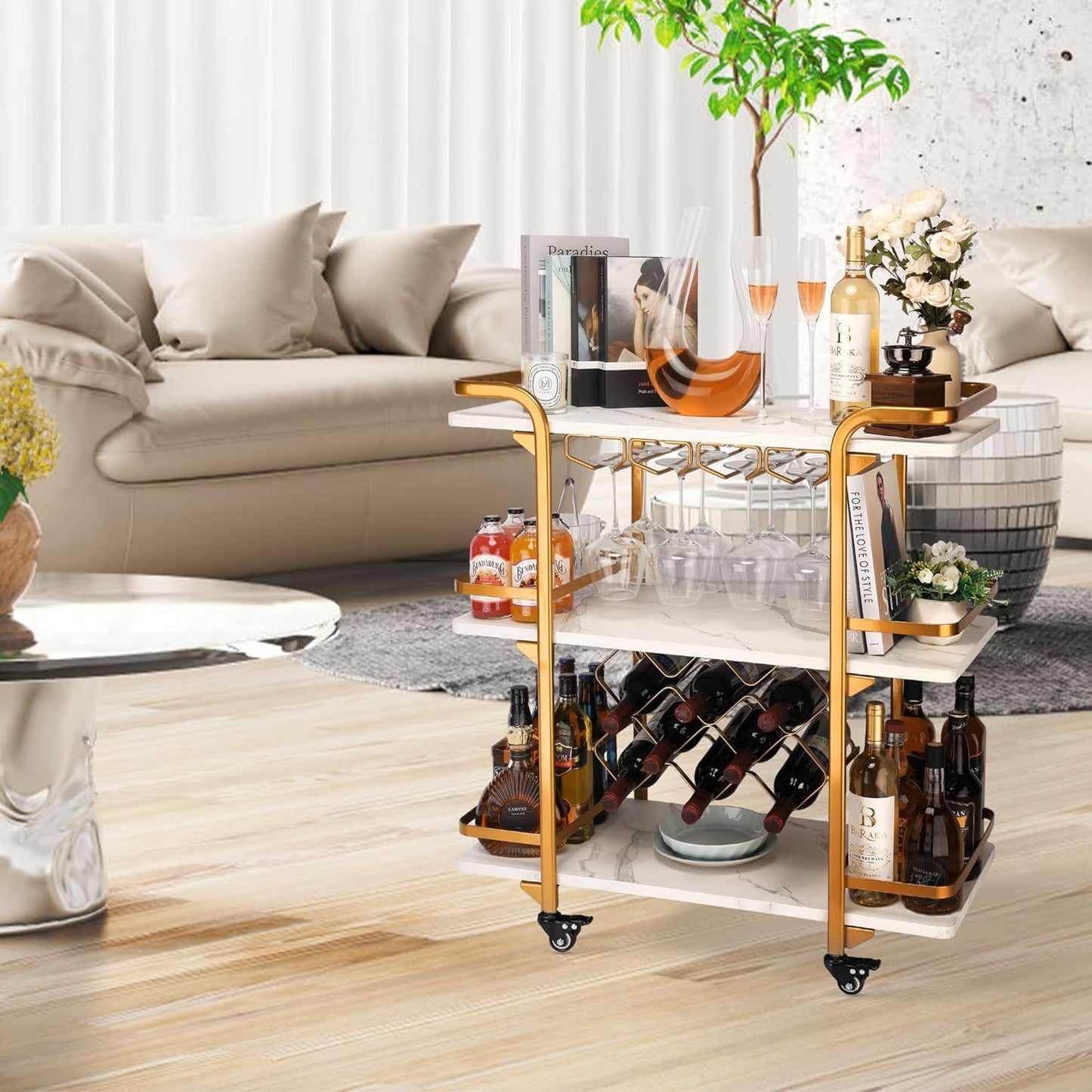 Gold Bar Cart with 3 Tiers for Stylish Storage, Home Bar Serving Cart with 4 Rows of Glass Holders & 8 Wine Racks, Modern Marbled Solid Wood Cart on Lockable Wheels, Coffee Bar Cart for Kitchen