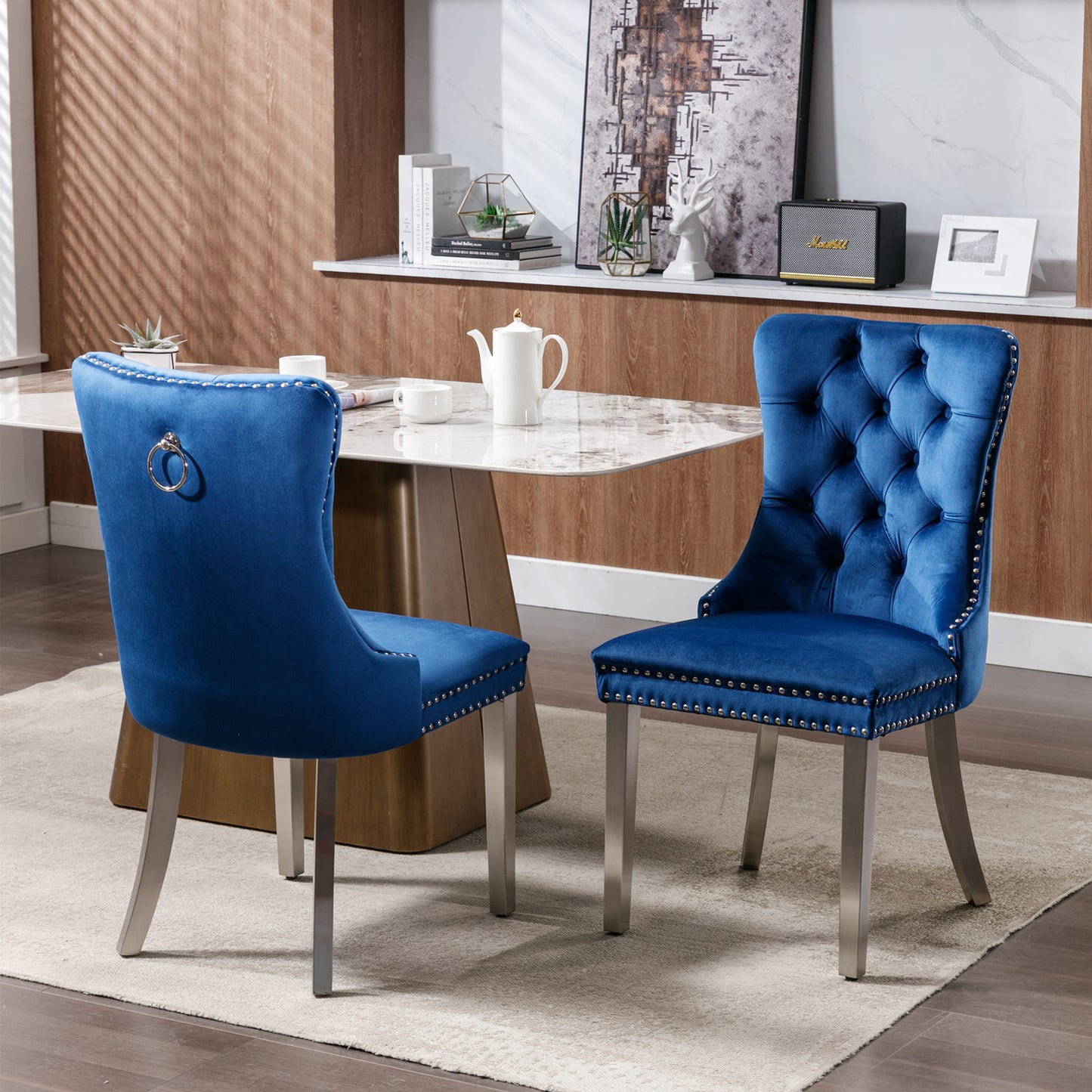 Nikki Collection Modern, High-end Tufted Solid Wood Contemporary Velvet Upholstered Dining Chair with Chrome Stainless Steel Plating Legs,Nailhead Trim,Set of 2,Blue and Chrome, SW1701BL