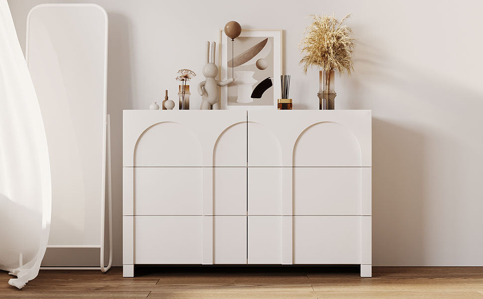 Modern Style Six-Drawer Dresser Sideboard Cabinet Ample Storage Spaces for Living Room, Children's Room, Adult Room, Half Gloss White