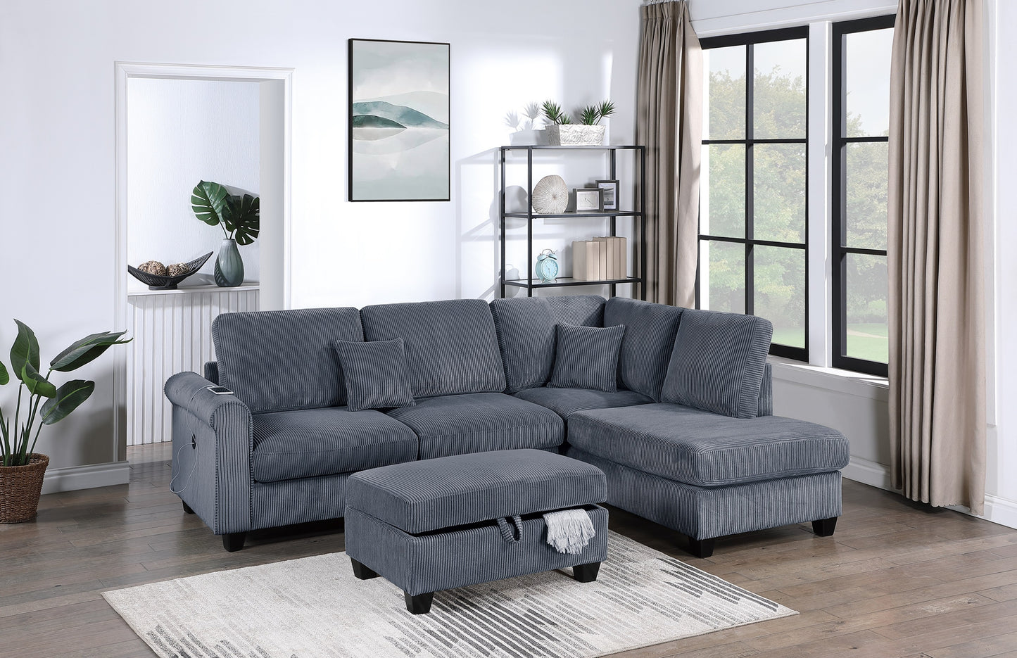 Contemporary Dark Gray 3pc Sectional Set Corduroy Upholstered LAF Sofa RAF Chaise Ottoman L-Sectional Living Room Furniture