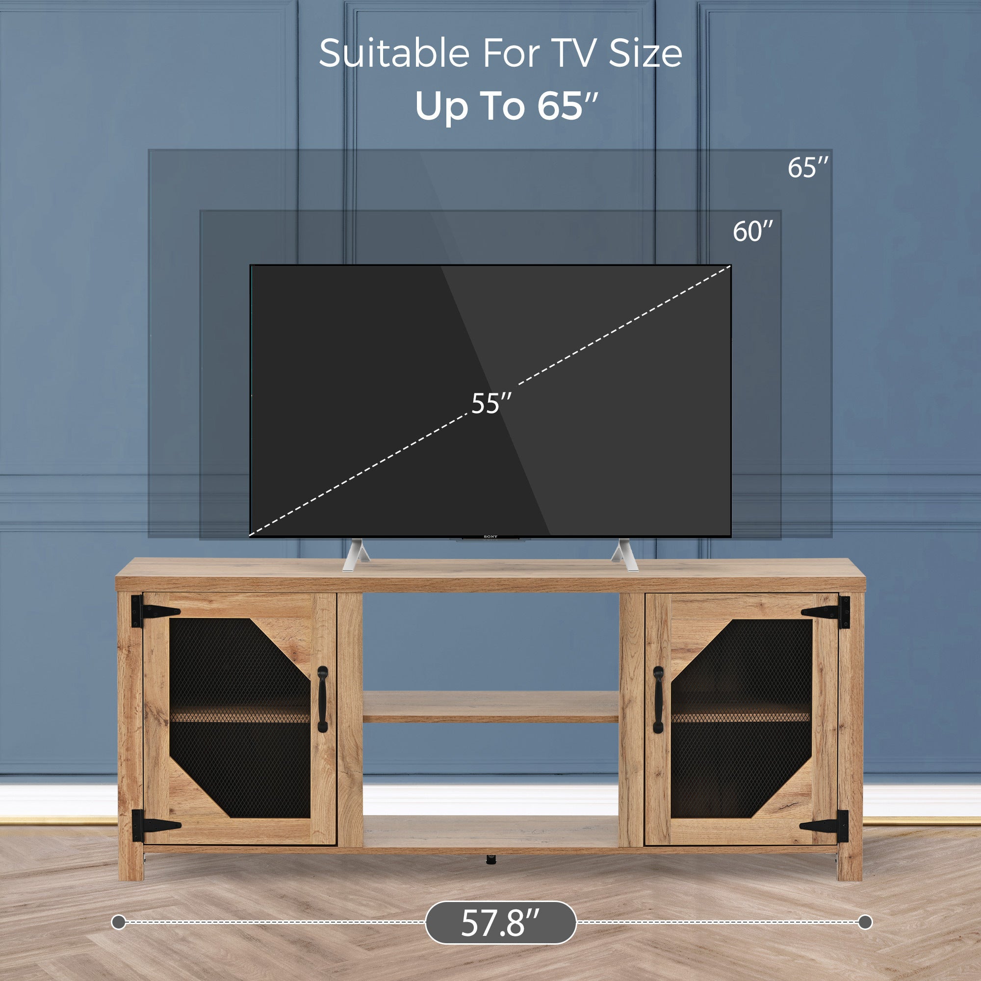 Modern TV Stand for 65'' TV with Large Storage Space, 3 Levels Adjustable shelves, Magnetic Cabinet Door, Entertainment Center for Living Room, Bedroom