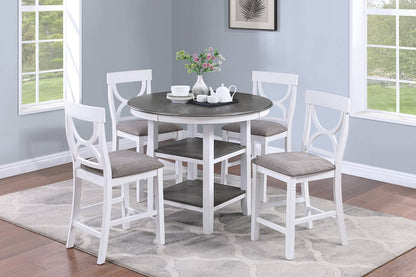 Counter Height Dining Table w Storage Shelve 4x Chairs Padded Seat Unique Design Back 5pc Dining Set White Color