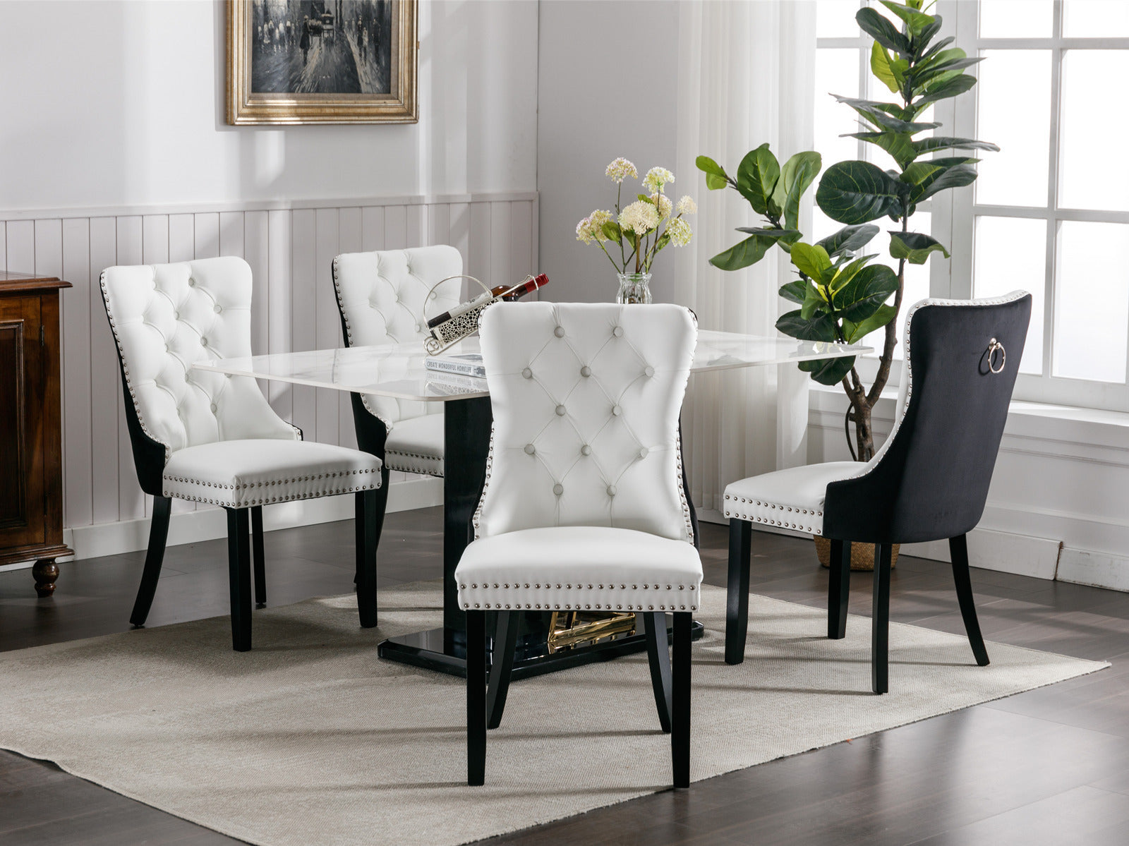 A&A Furniture,Nikki Collection Modern, High-end Tufted Solid Wood Contemporary PU and Velvet Upholstered Dining Chair with Wood Legs Nailhead Trim  2-Pcs Set，White+Black, SW2101WB